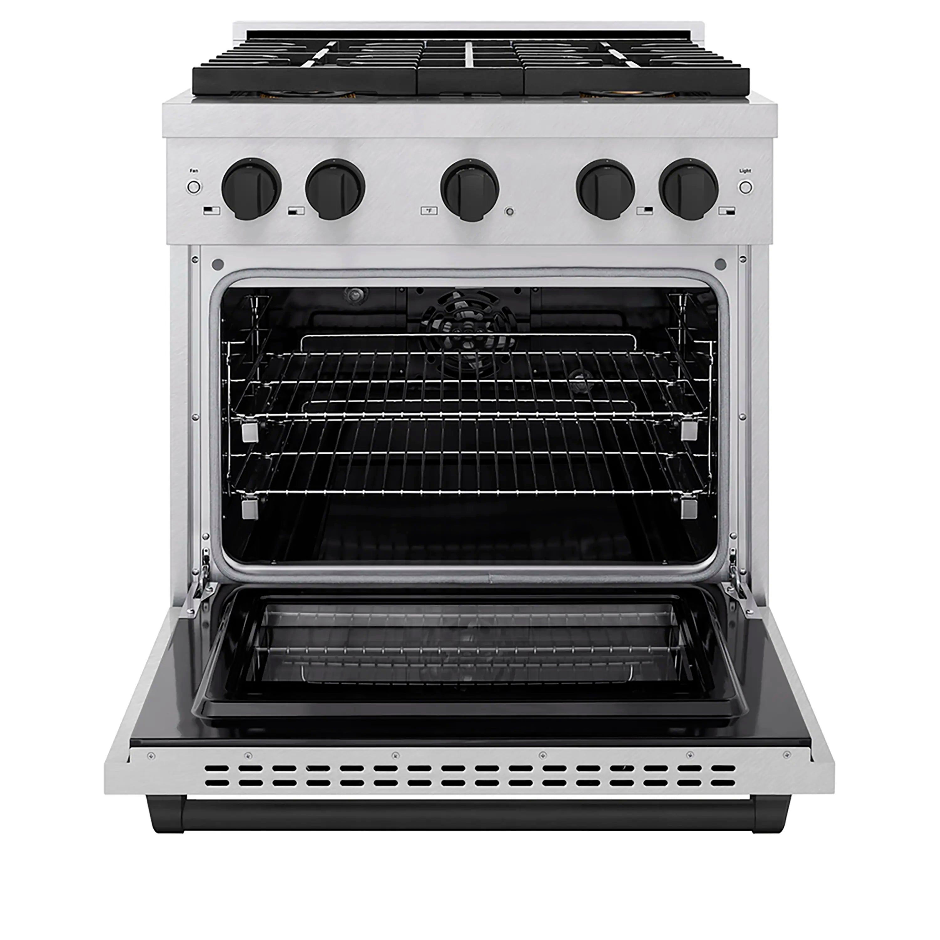 Dual fuel oven with open door and wire rack inside black cooking cavity