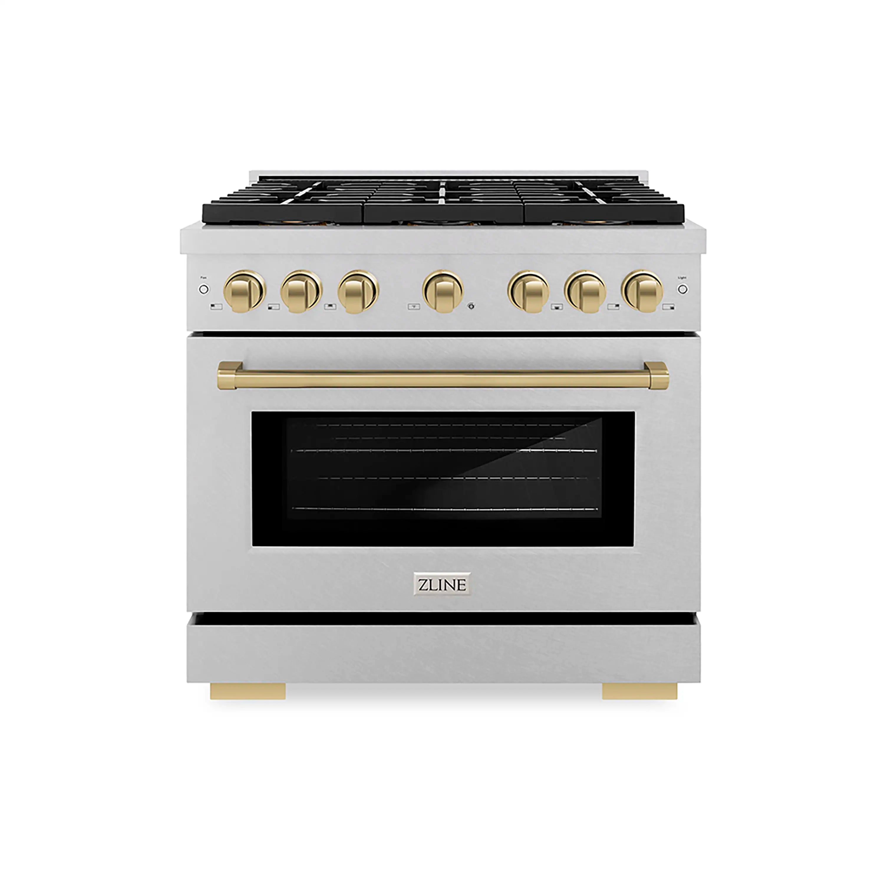 Stainless steel dual fuel range with champagne bronze controls and oven door window