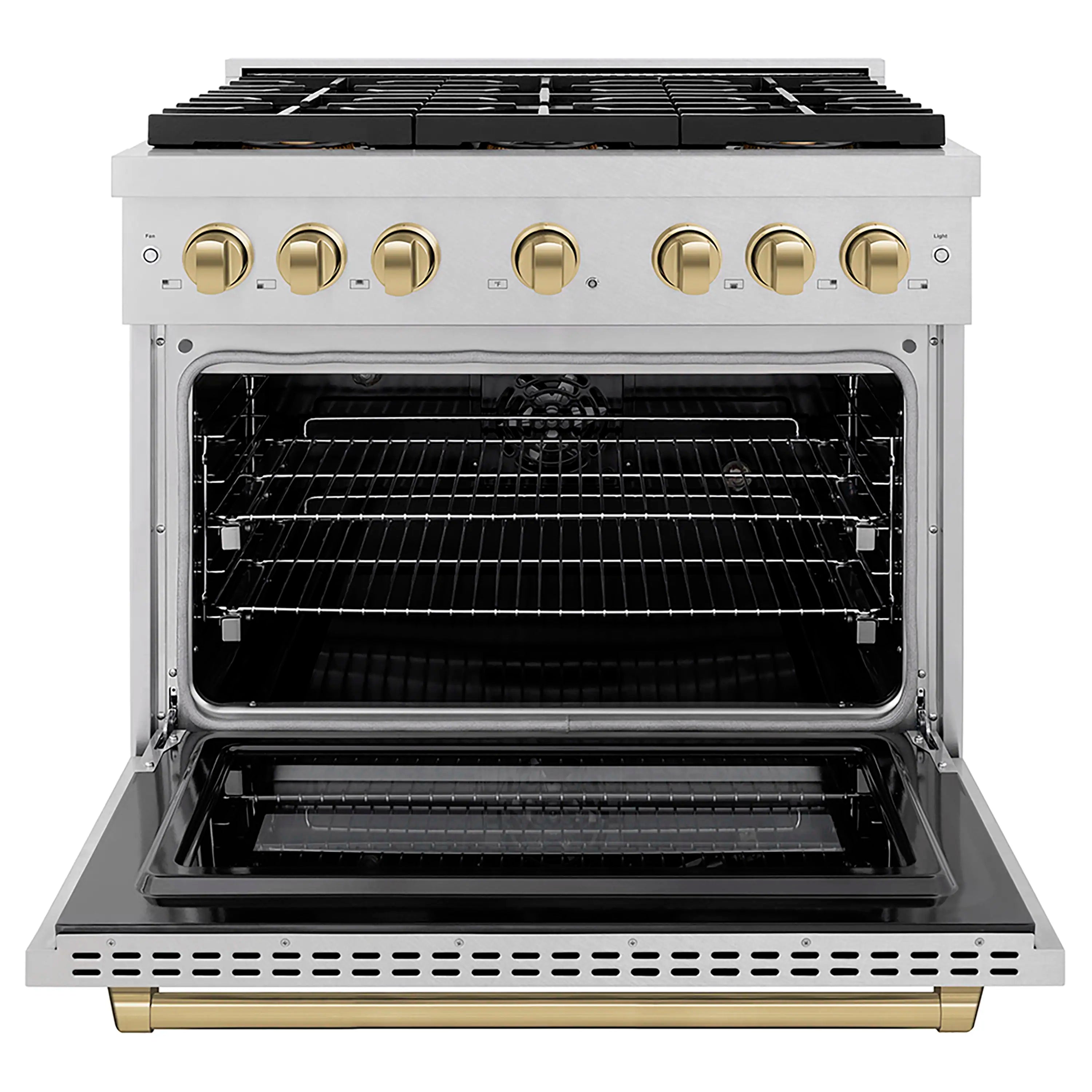 Dual fuel range with open electric convection oven and interior racks, satin stainless