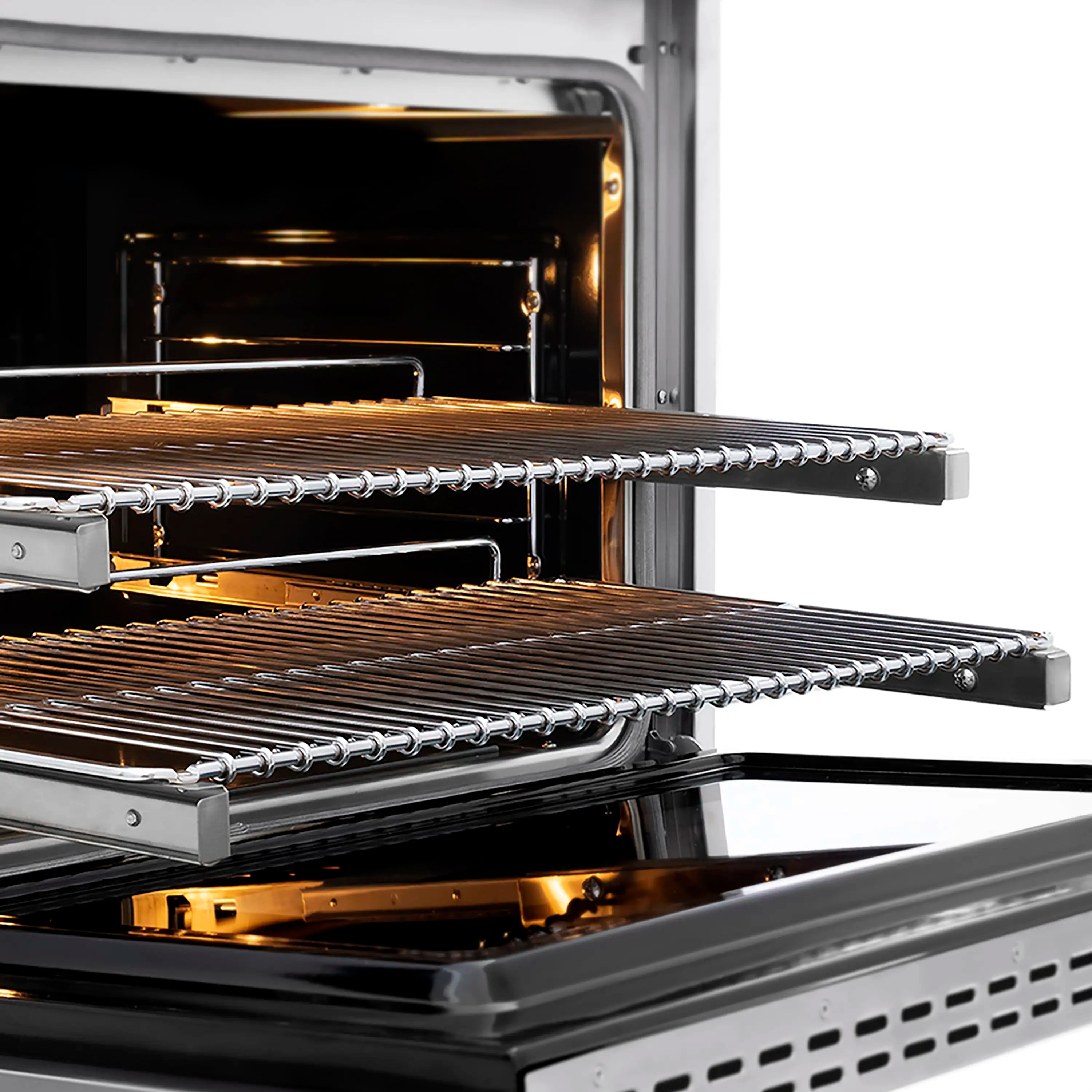 Open convection oven interior with multiple racks and golden heating elements