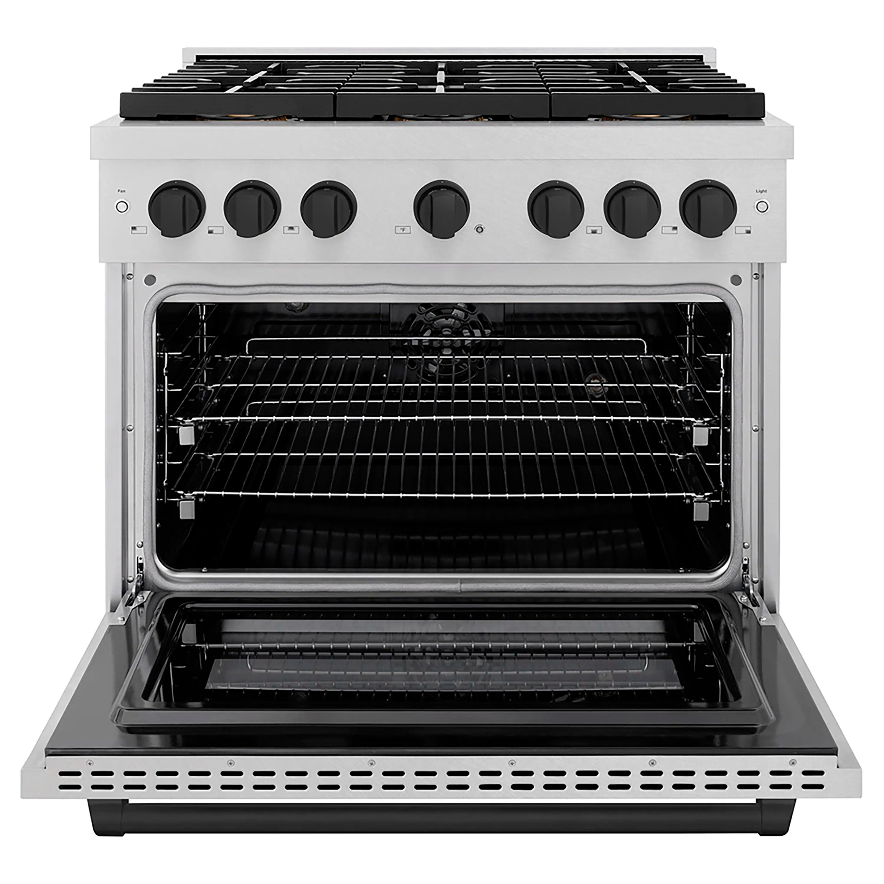 Range with open electric convection oven and six-burner cooktop, satin stainless