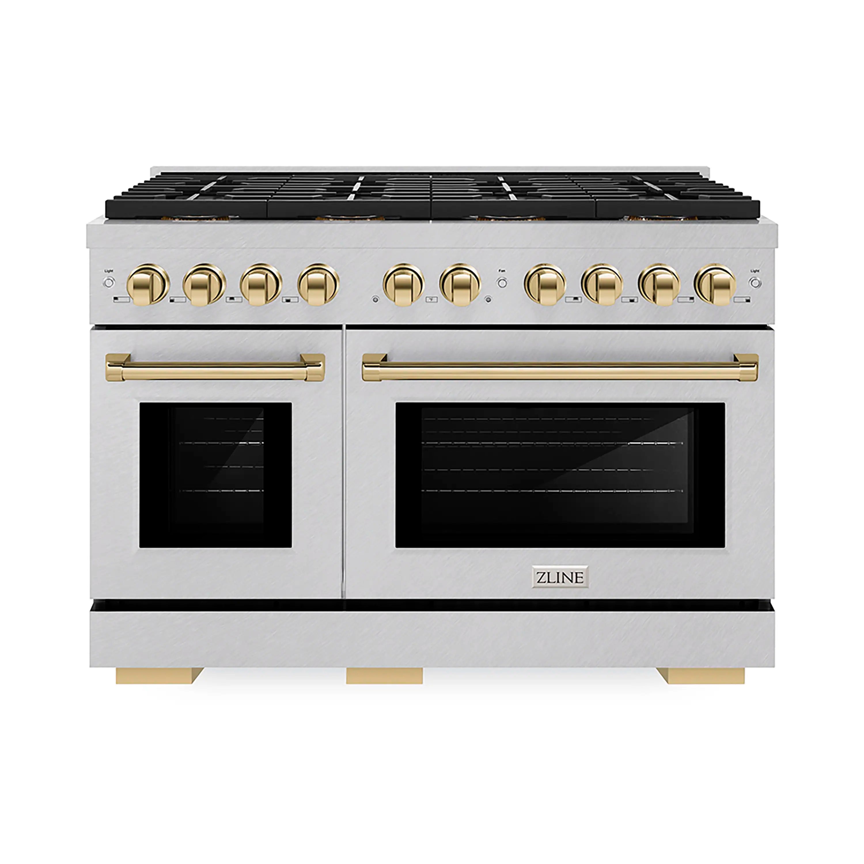 Dual oven range front with satin stainless doors and polished gold control knobs