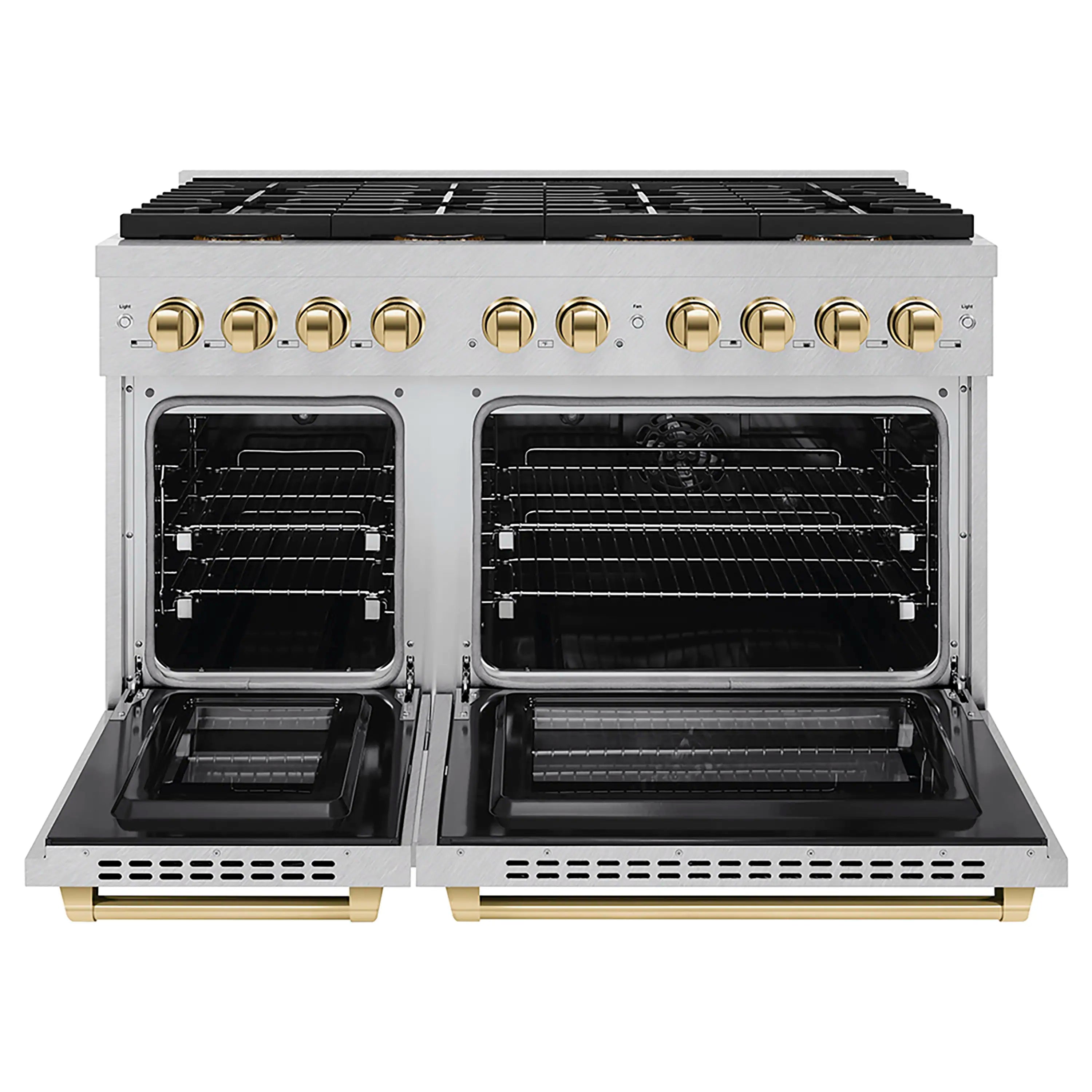 Stainless dual fuel range with both oven doors open and black cooktop grates