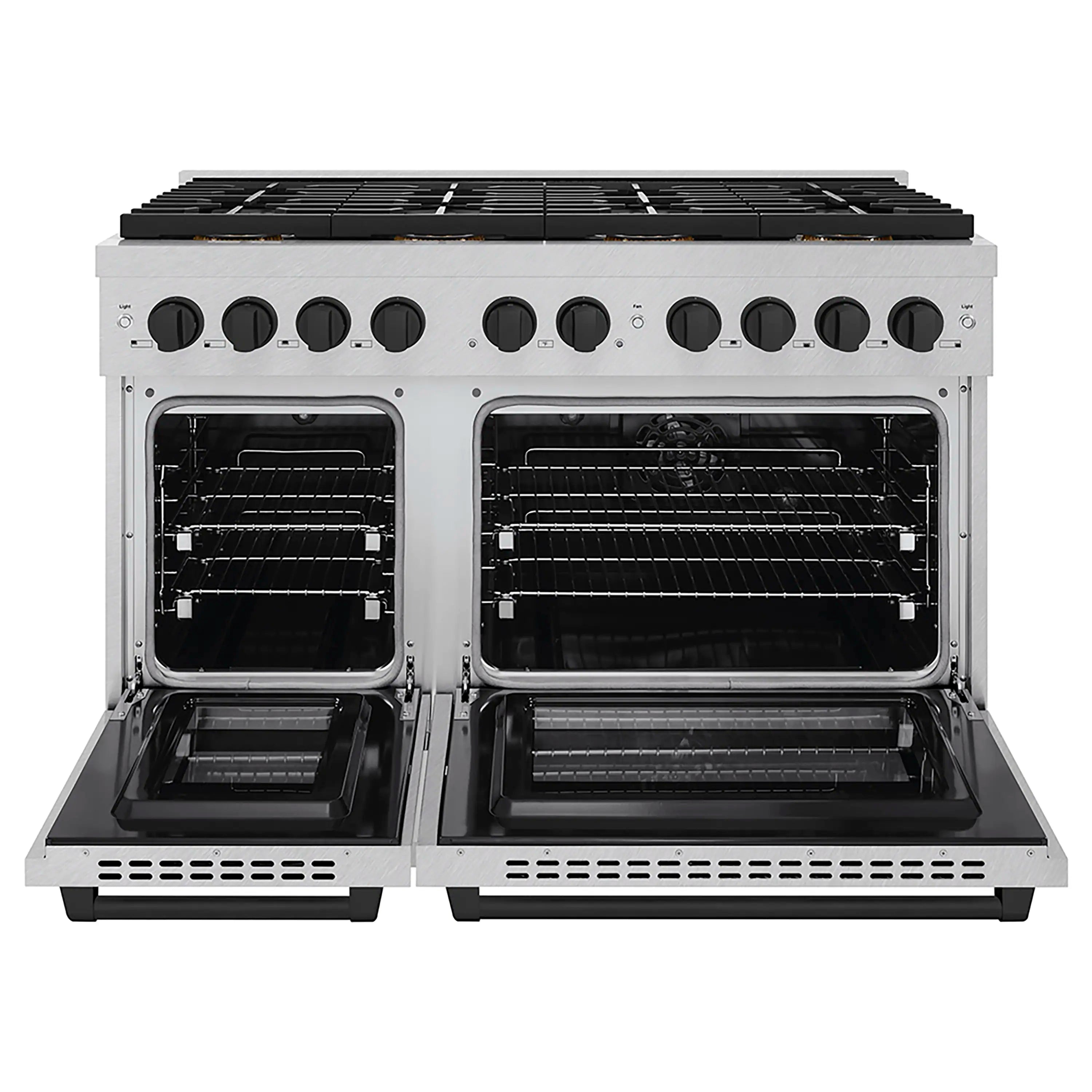 Dual-fuel range with both ovens open and black enamel racks on two burners