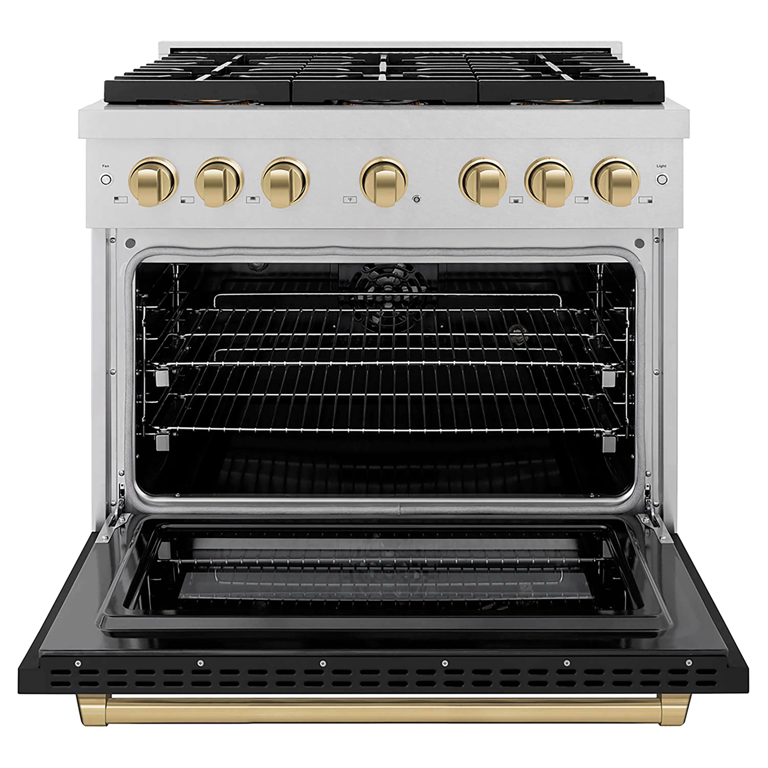 Dual fuel range with open oven door, racks inside, and bronze control knobs
