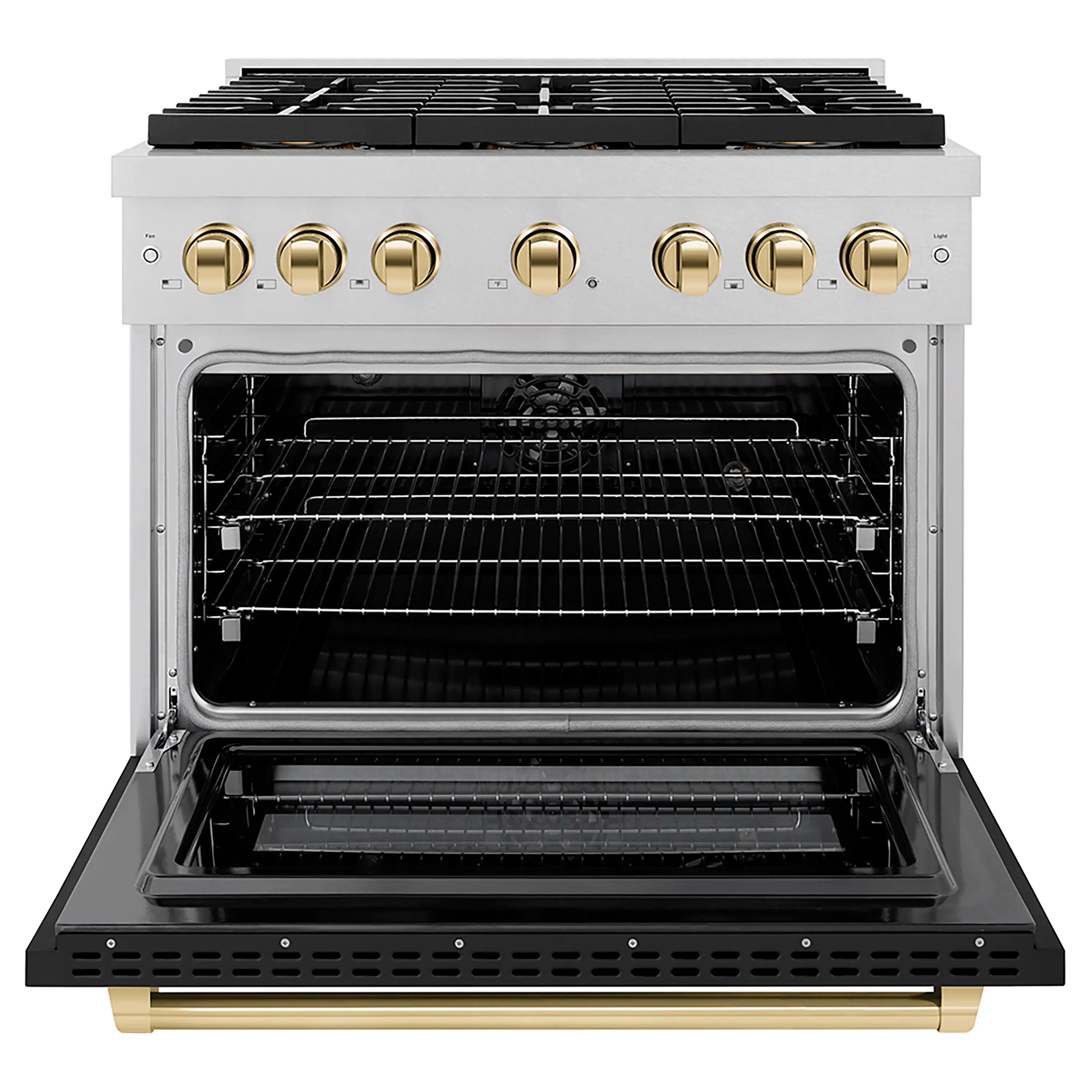 Stainless steel dual fuel range with black matte door and polished gold control knobs