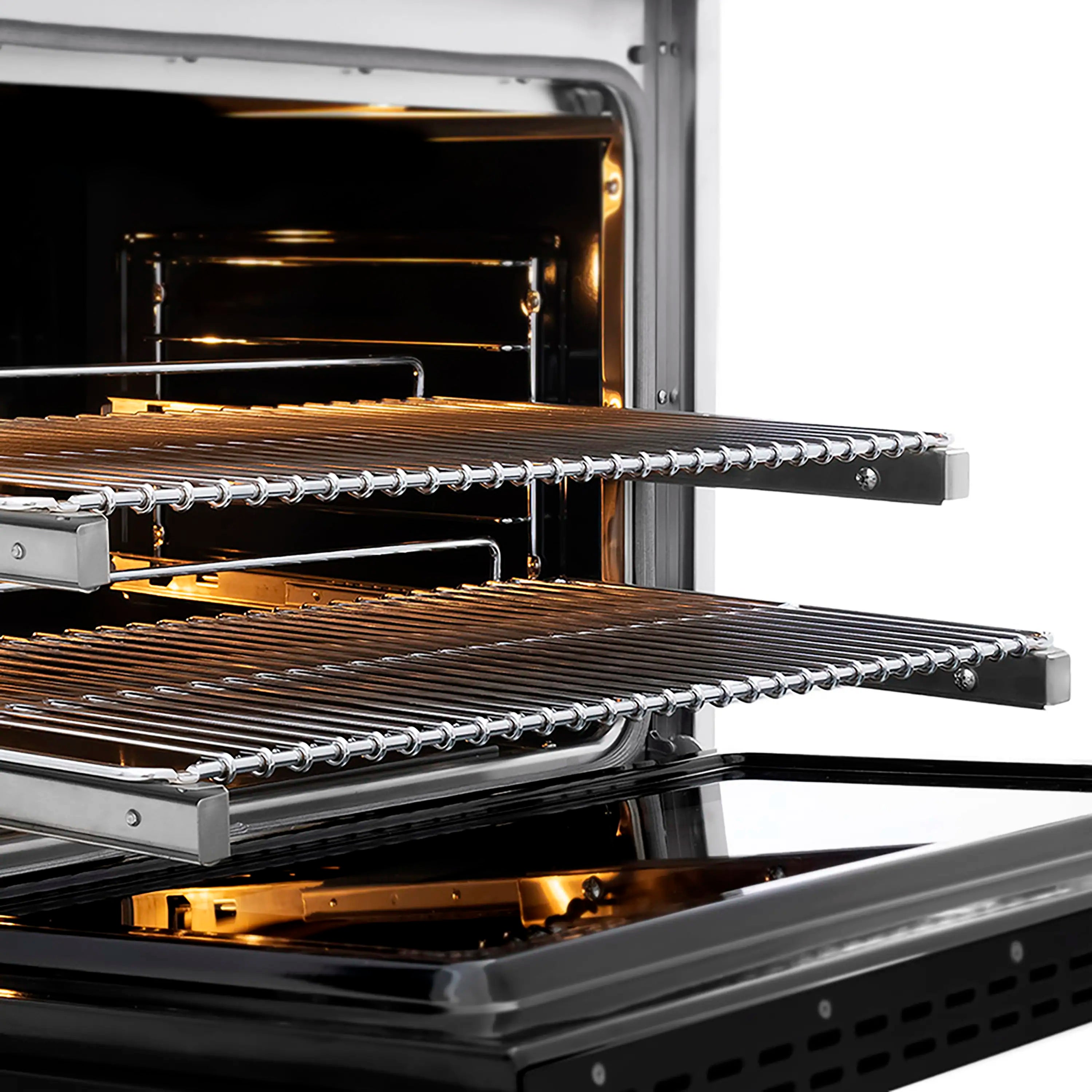Open oven with wire racks and visible heating elements