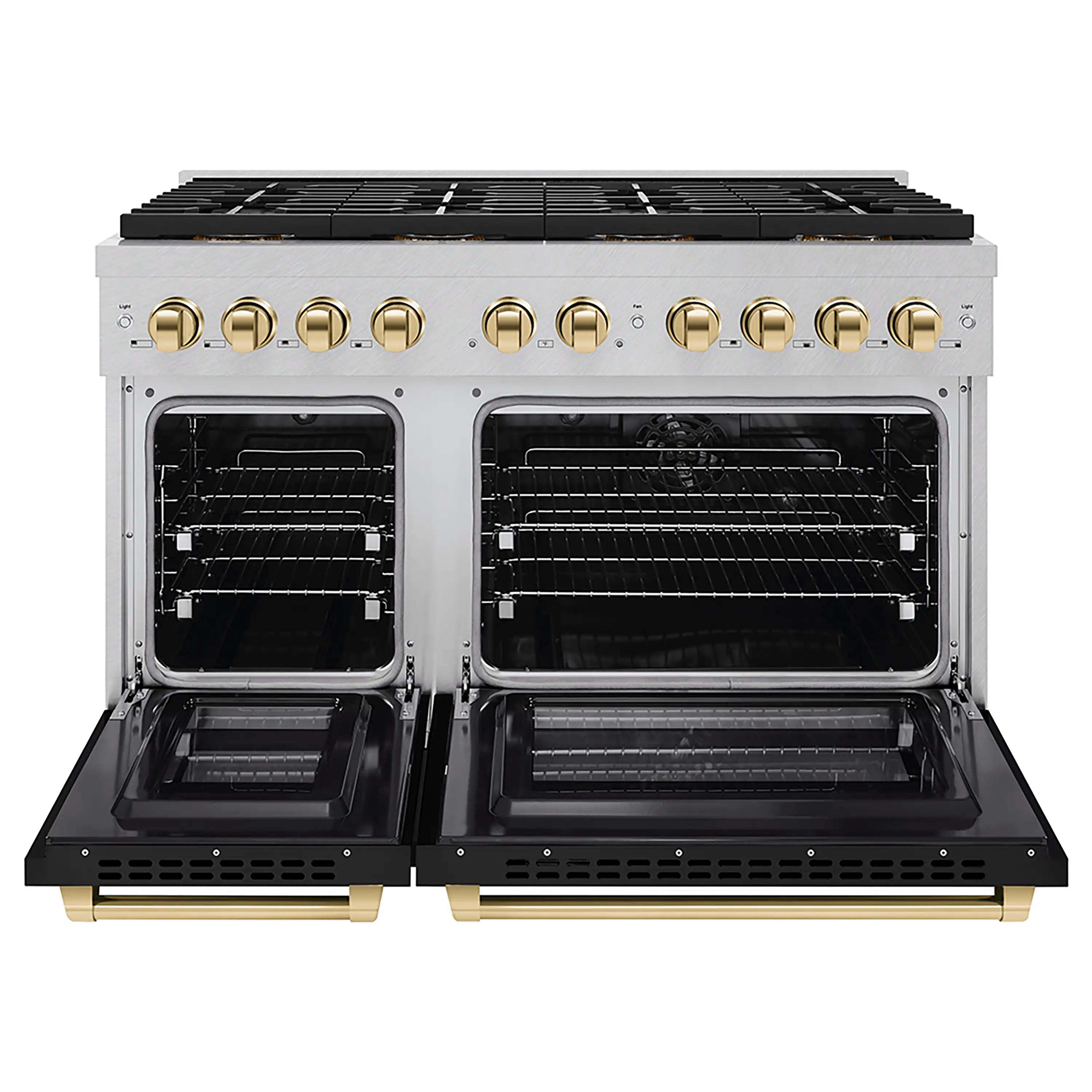 Satin stainless steel dual fuel range with two open ovens and black matte doors