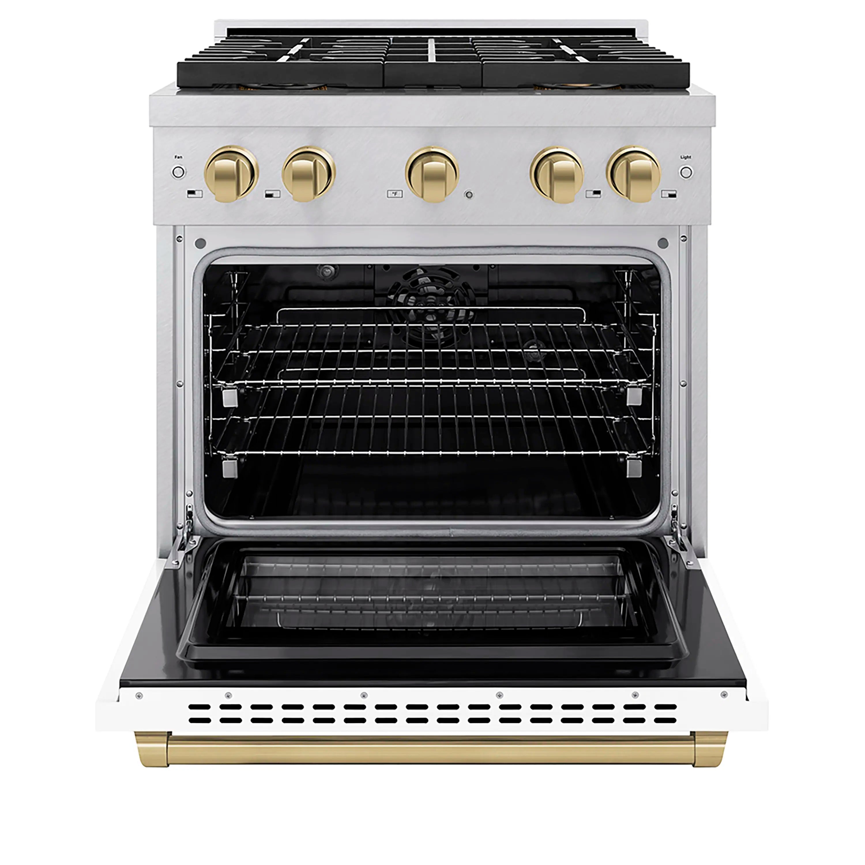 Satin stainless steel range with oven door open and electric convection oven racks