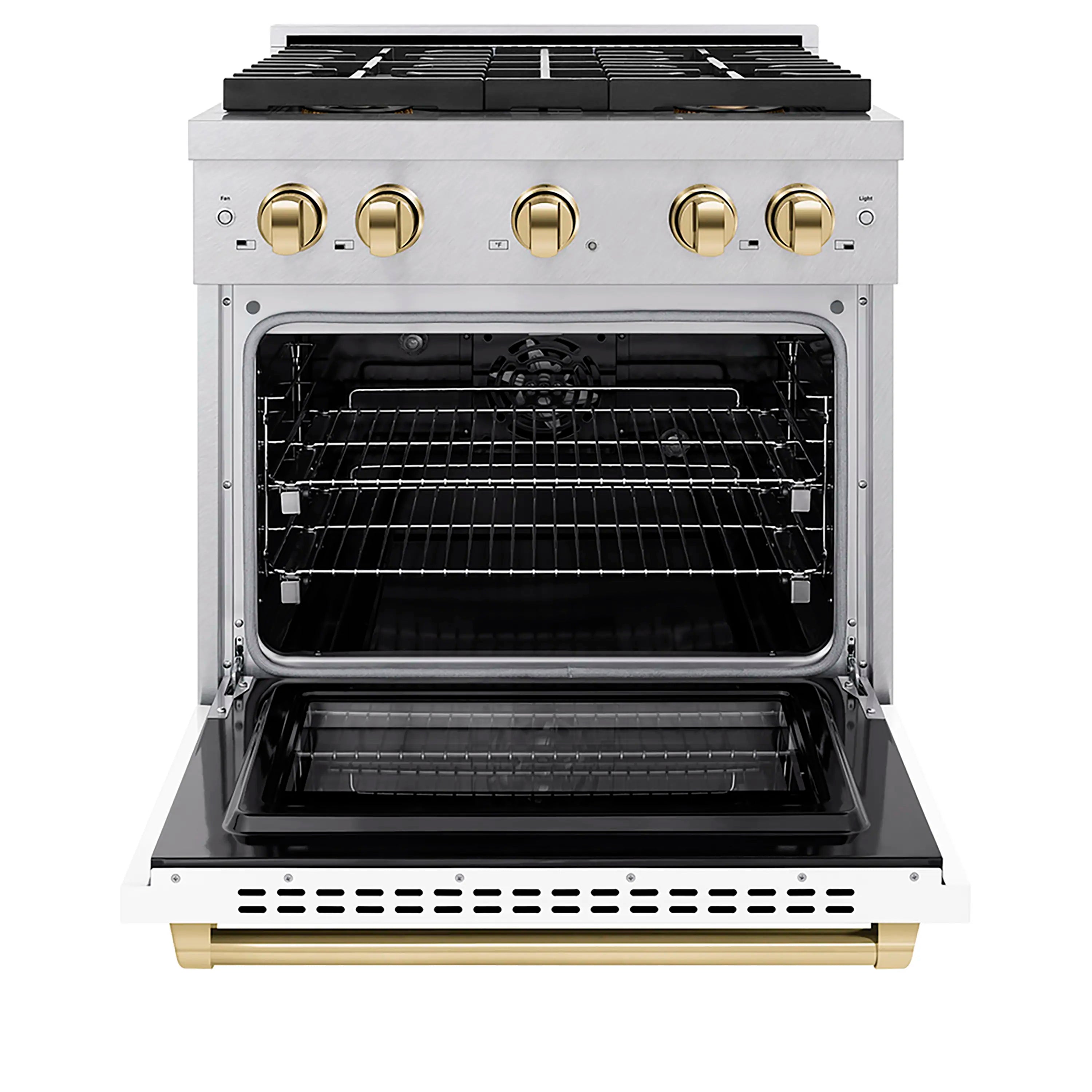 Dual fuel range with open electric convection oven, satin stainless door, gold front accents