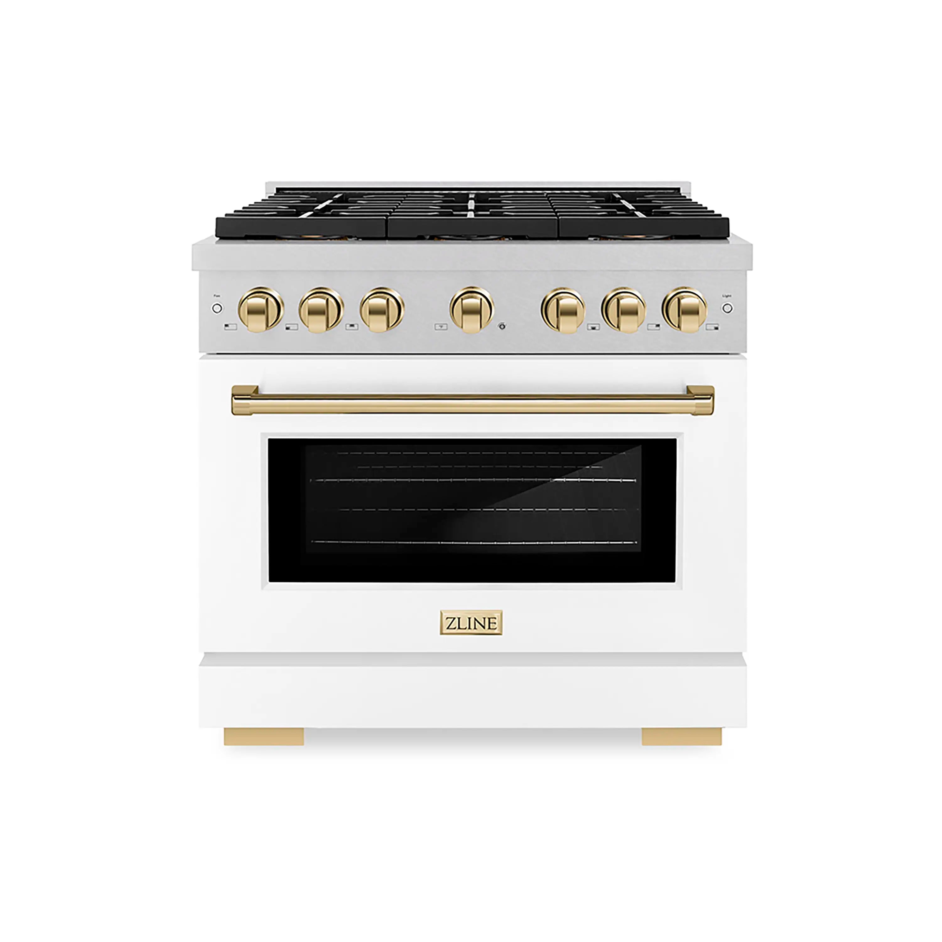 White dual fuel range with gold control knobs and black oven window