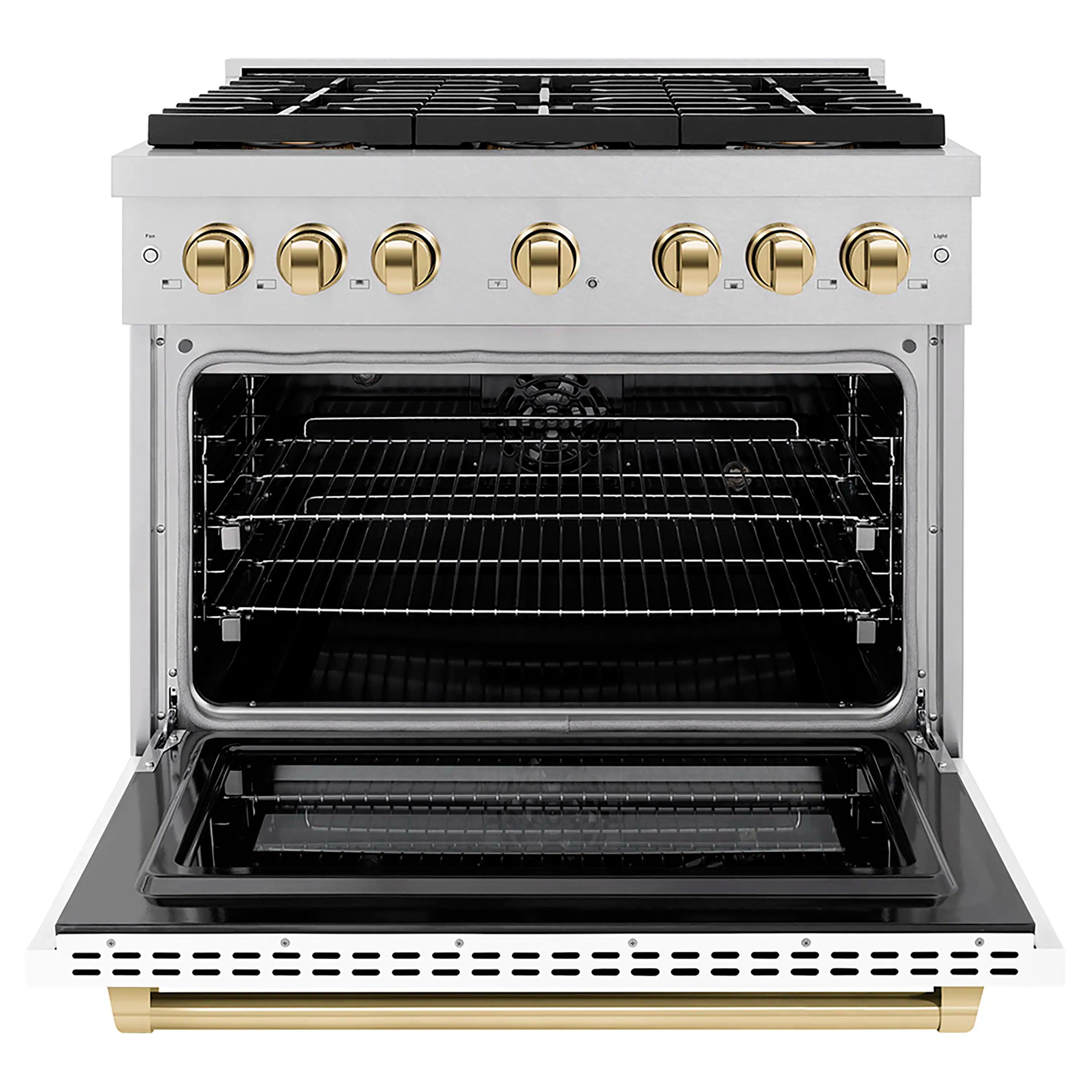 Open dual fuel range oven with chrome racks and black interior