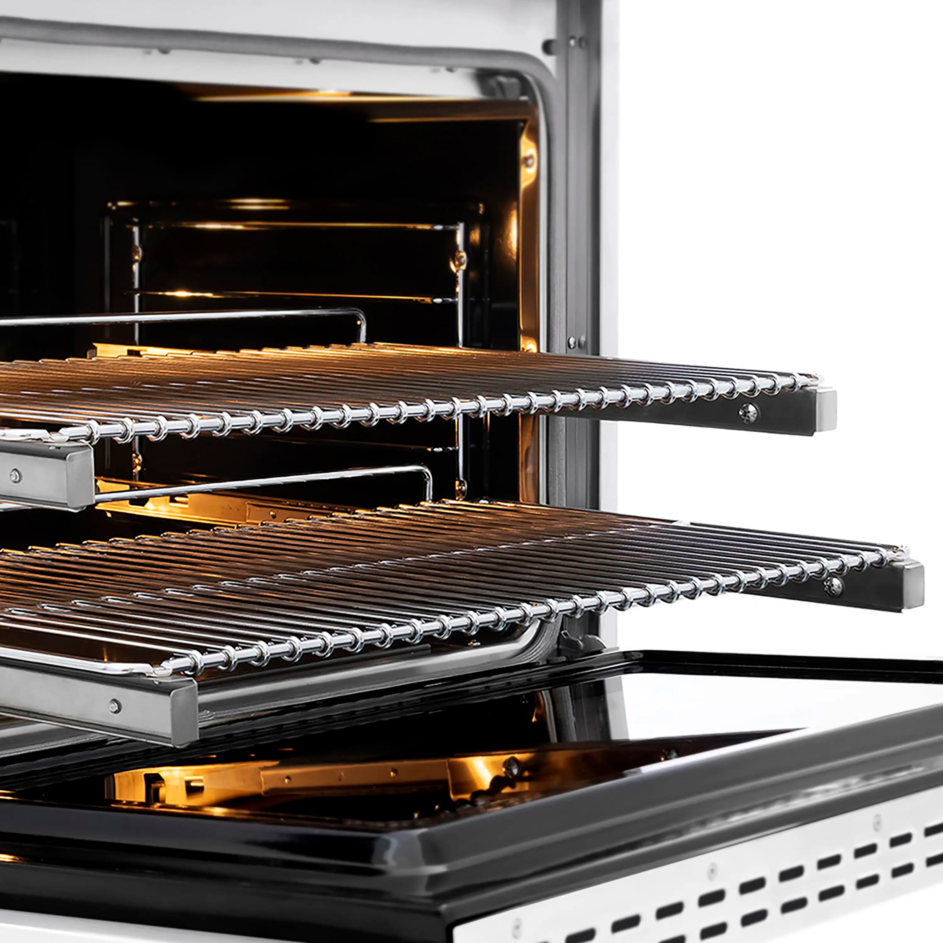 Dual fuel range oven racks with broil burner visible inside