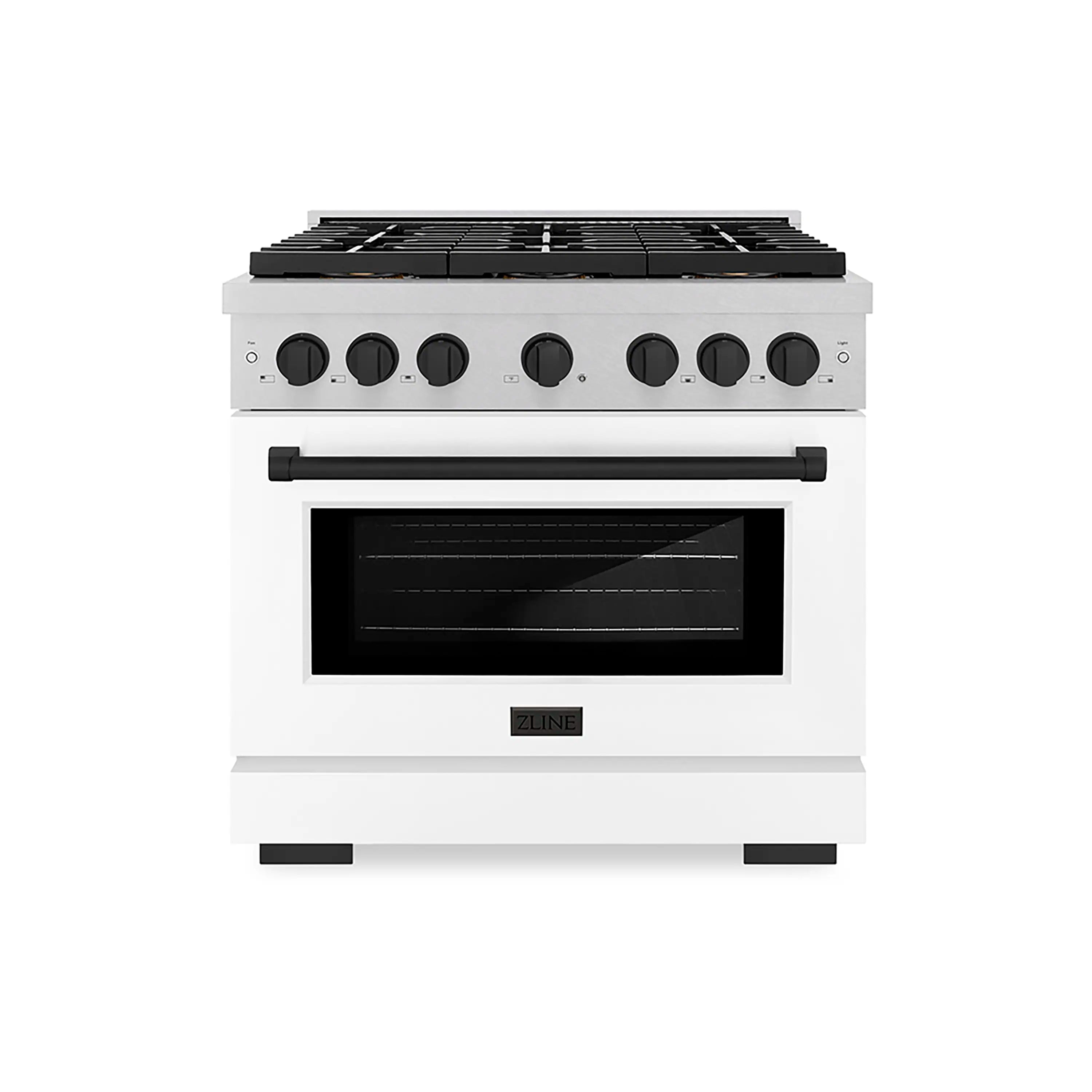 Dual fuel range with satin stainless front, white matte oven door, and black control knobs