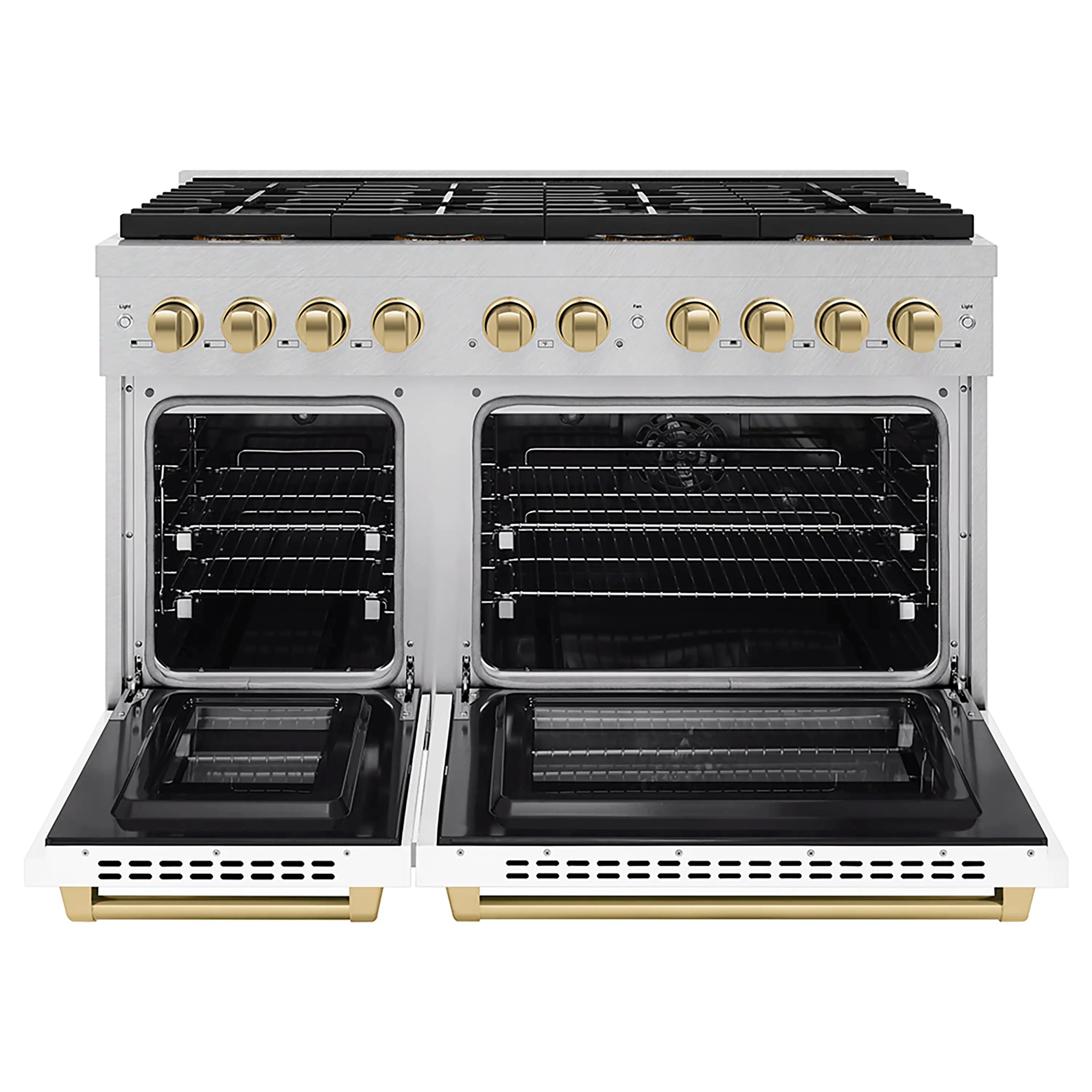 Dual-fuel range with both oven doors open, showing interior racks and broiler area