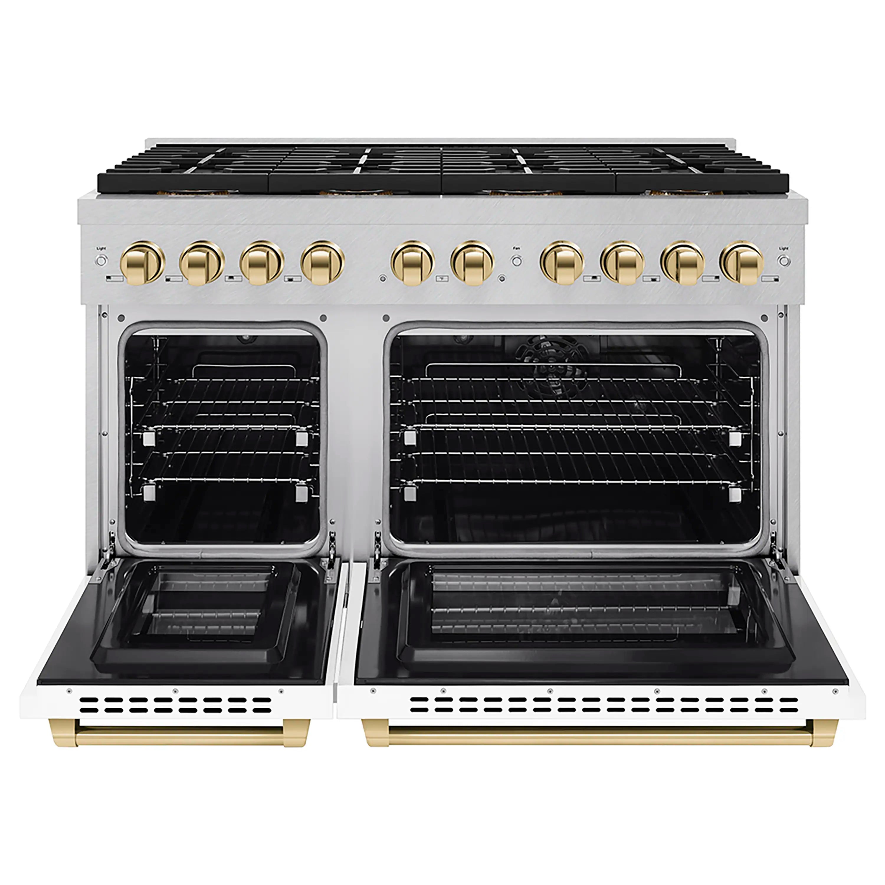 Dual fuel range with both oven doors open, showing black interiors and rack rails