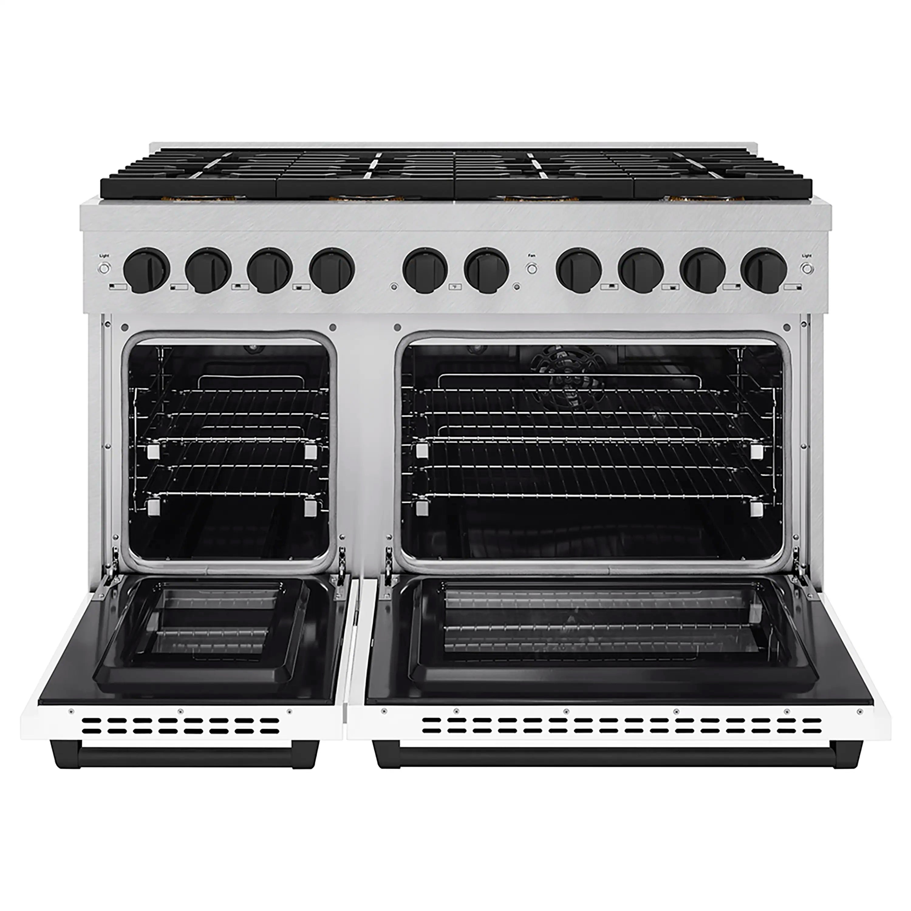 Dual oven range with both oven doors open, showing racks and empty interiors