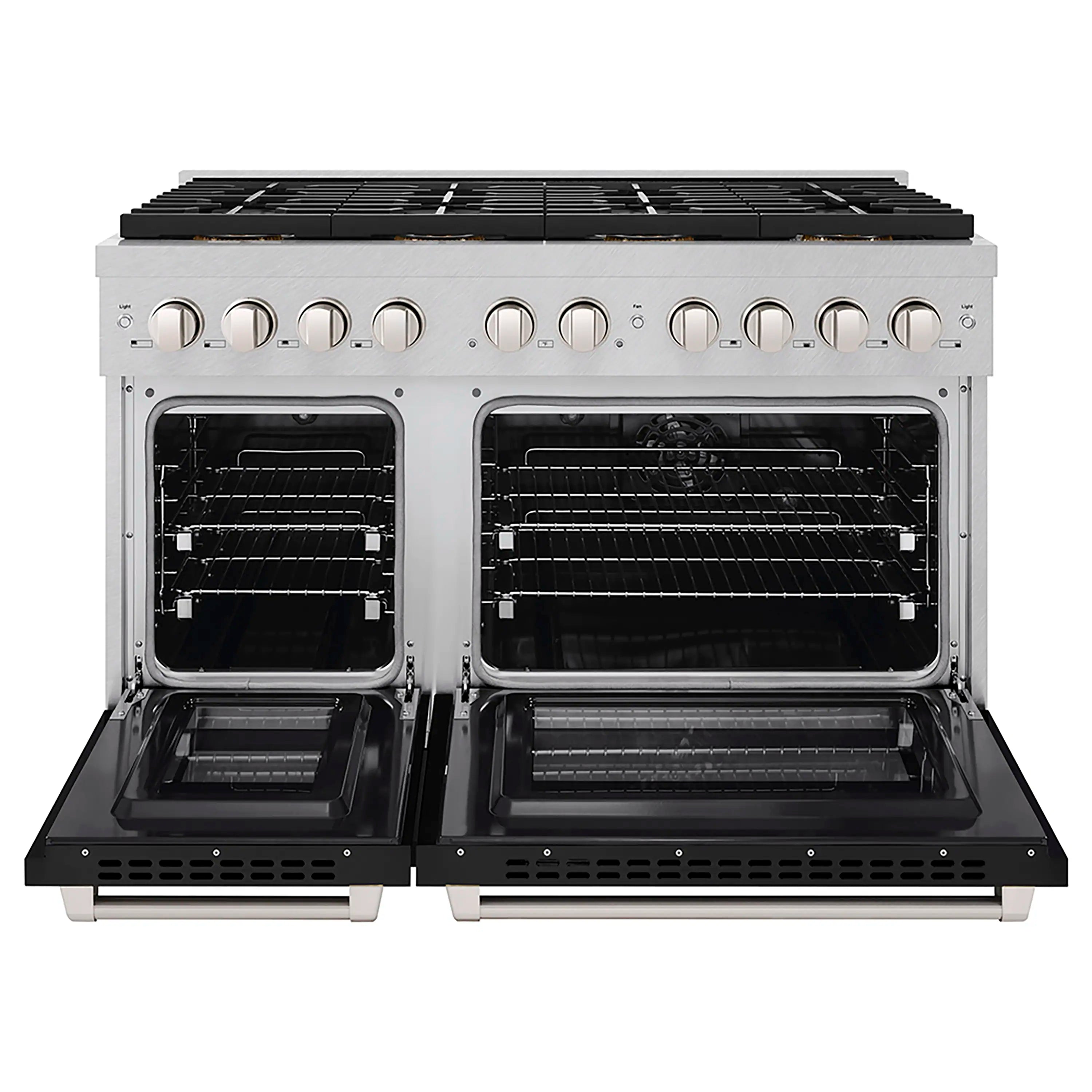 Satin stainless dual-fuel range with two open ovens and black burner grates
