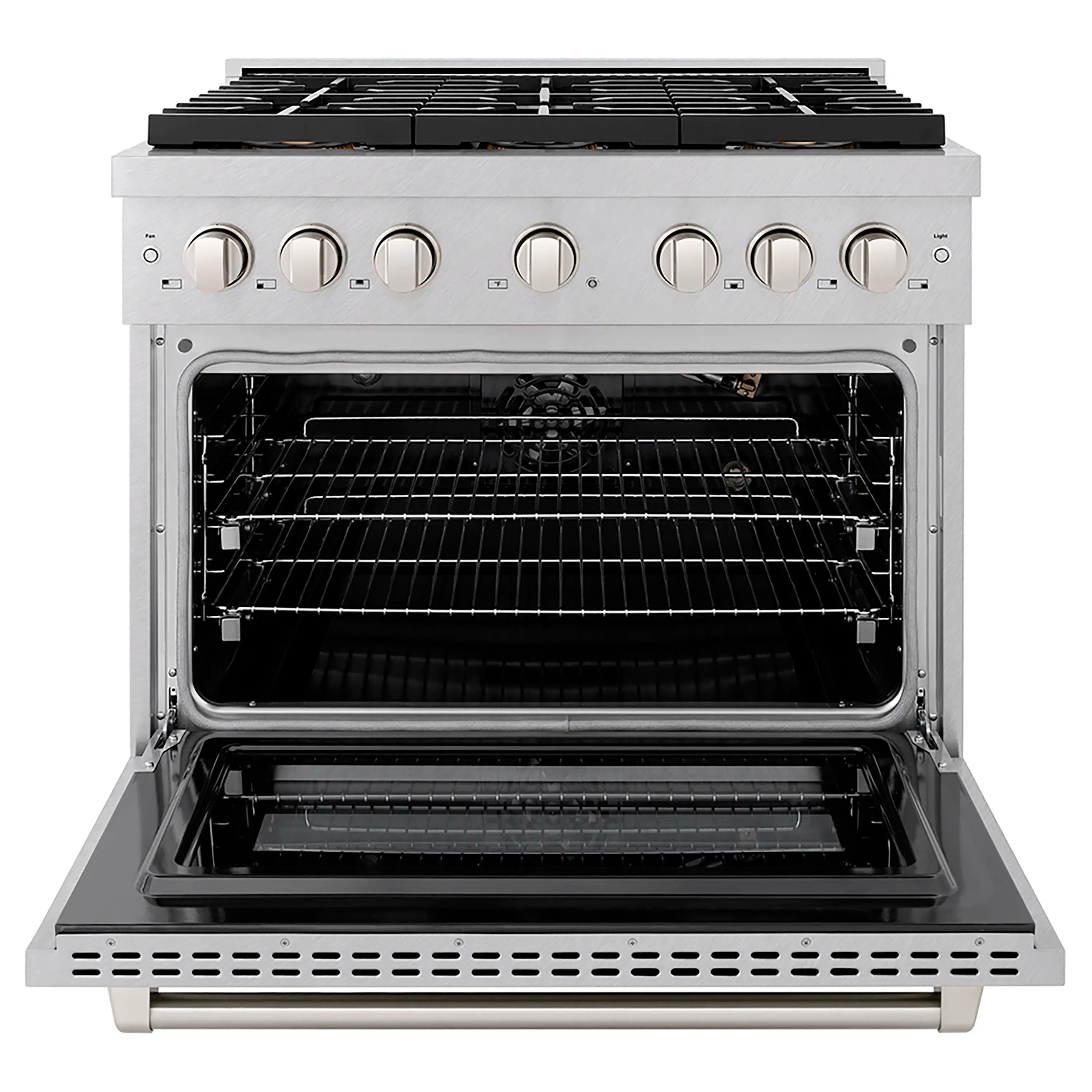 Satin stainless steel gas oven open with wire racks and dark interior