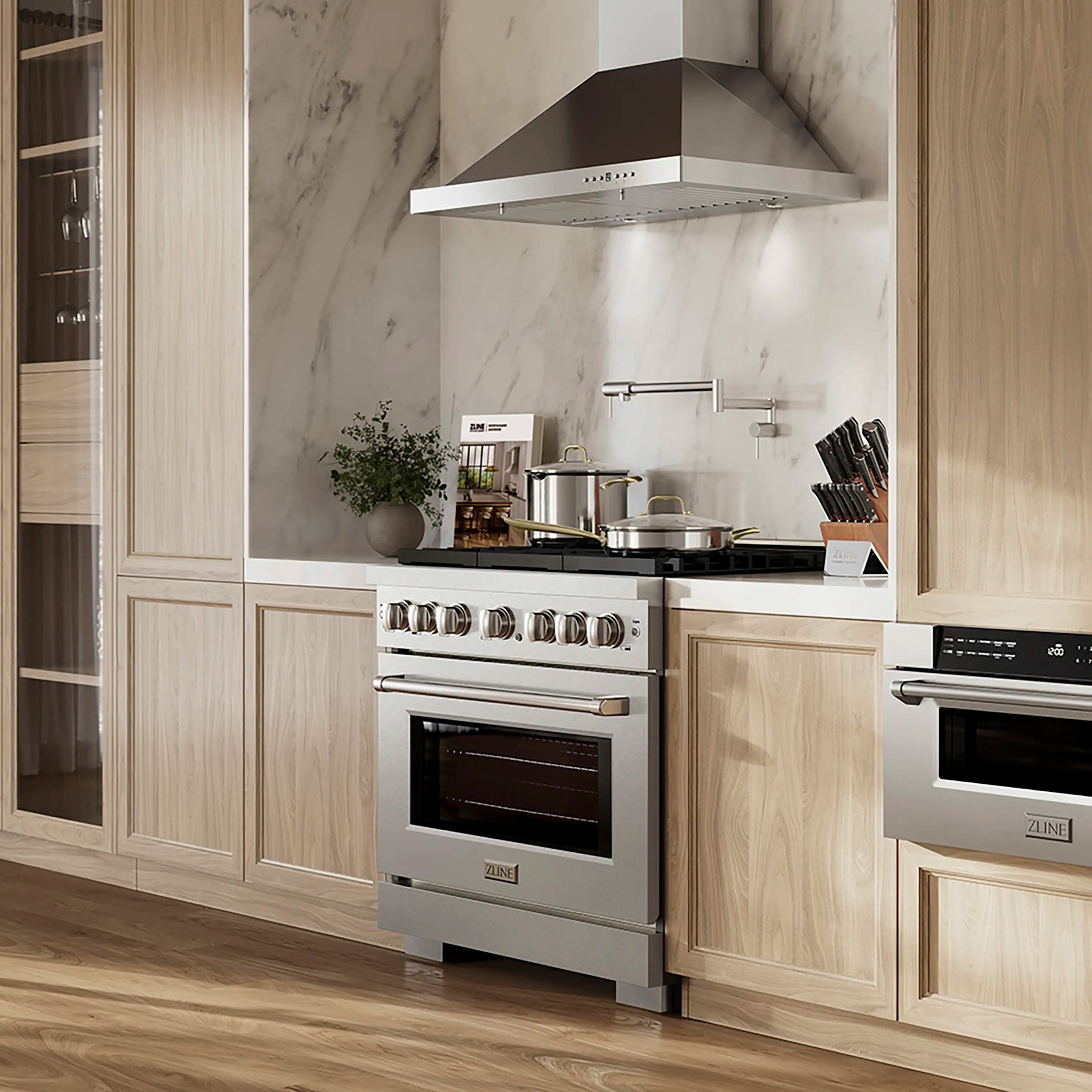 Satin stainless steel gas range with 6-burner cooktop and convection oven