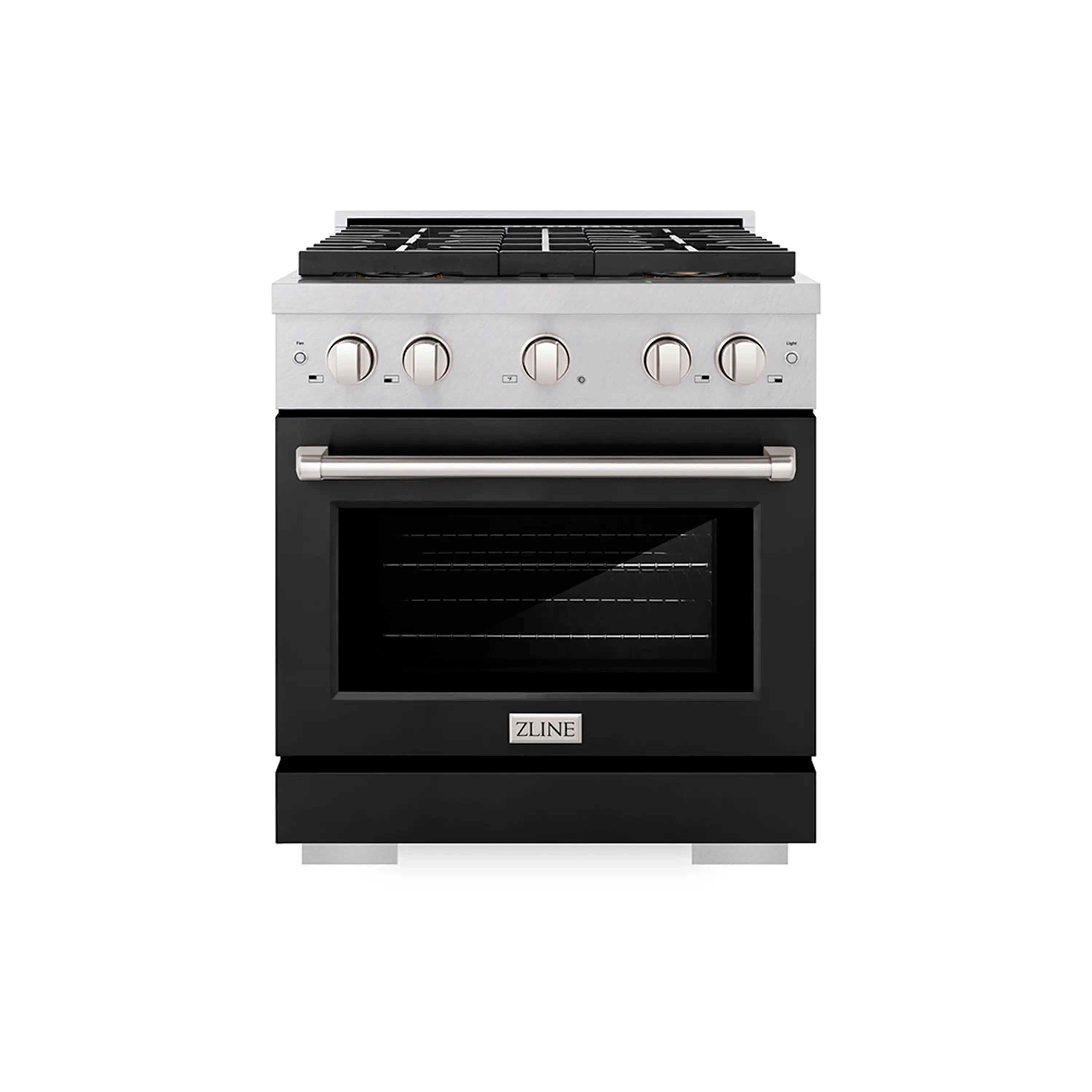Satin stainless steel gas range with black matte door and four-burner cooktop
