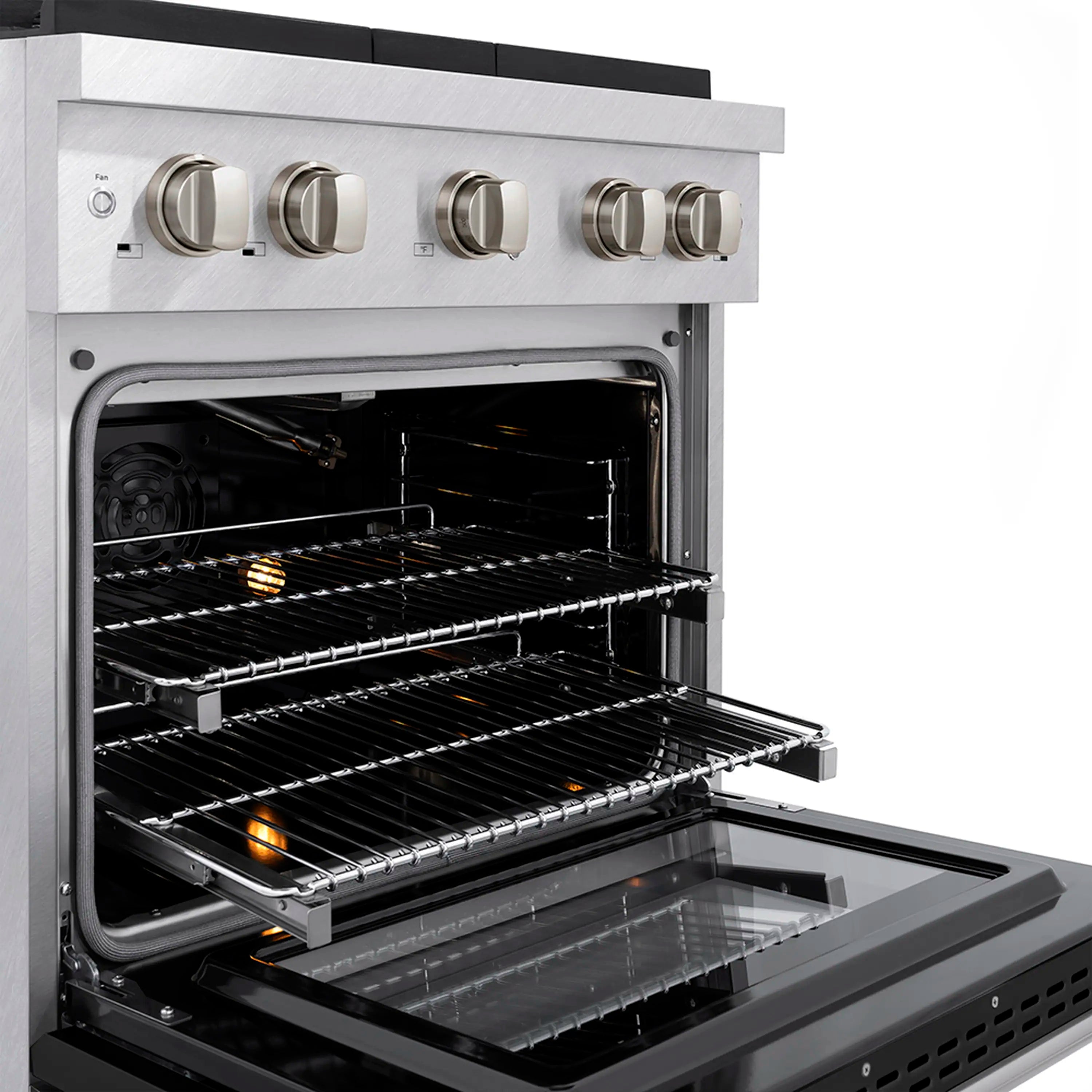 Convection gas oven open with glowing heating elements and oven racks inside