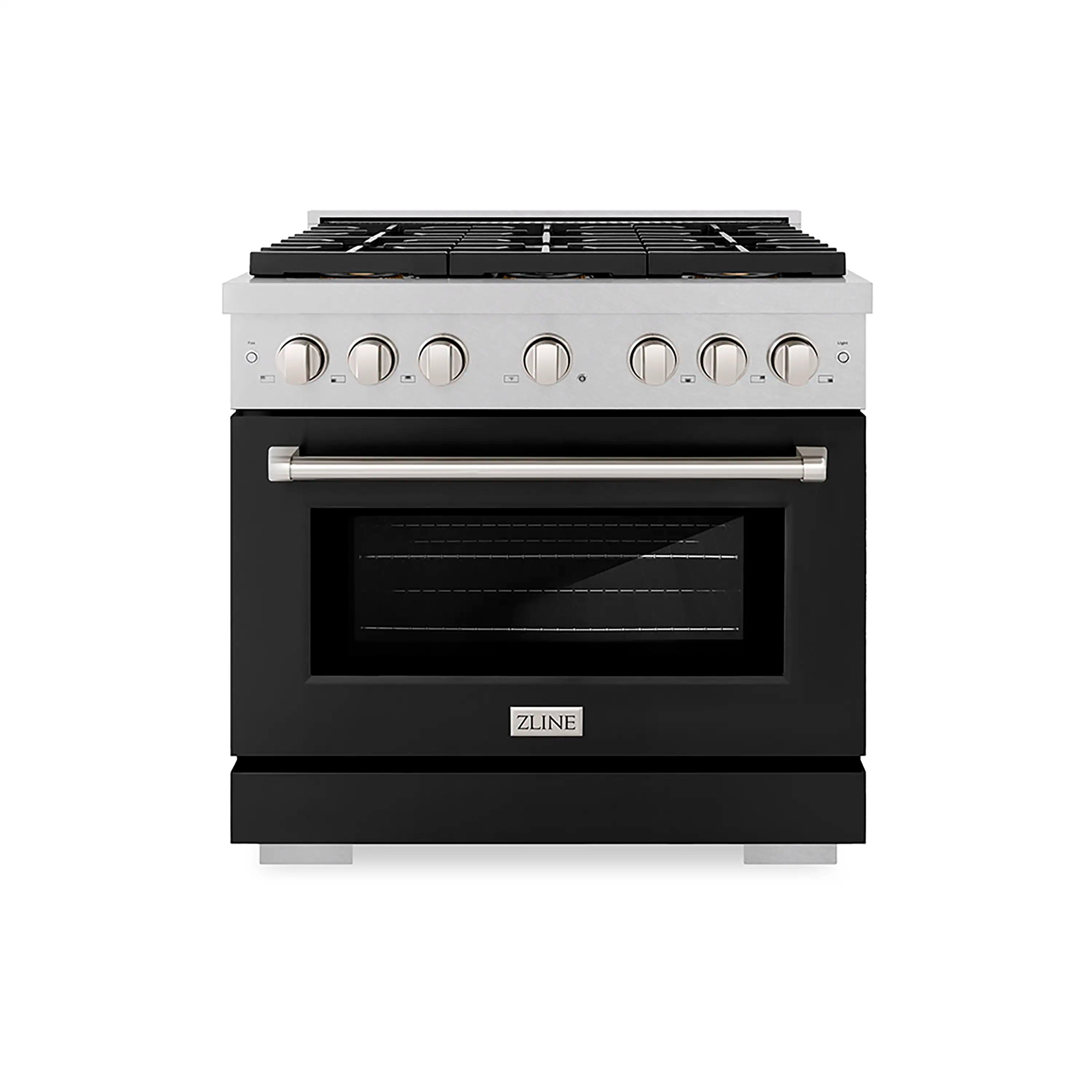 Stainless steel gas range with black matte door, 6-burner cooktop, convection oven.