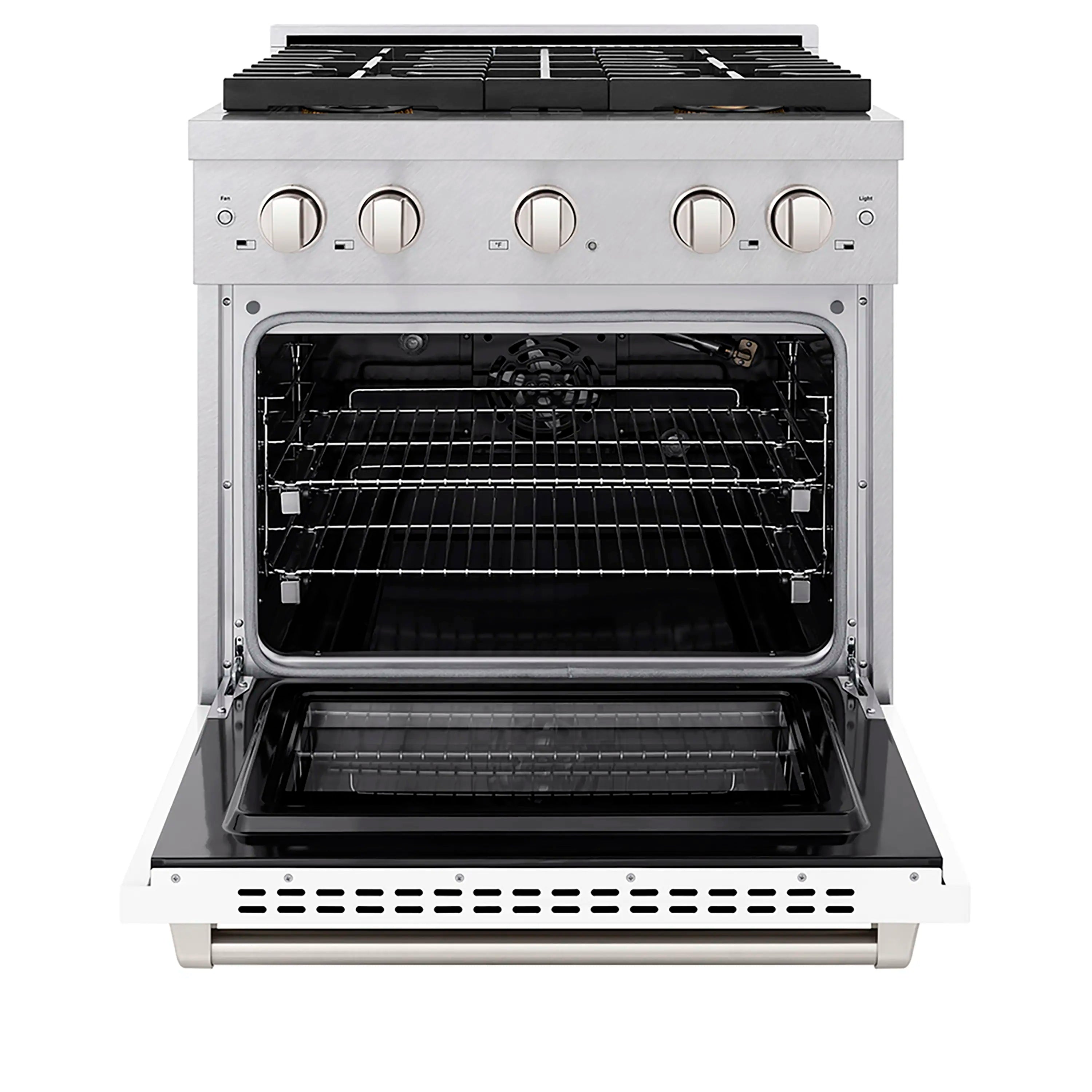 Stainless gas range with open convection oven, racks, and interior burner area
