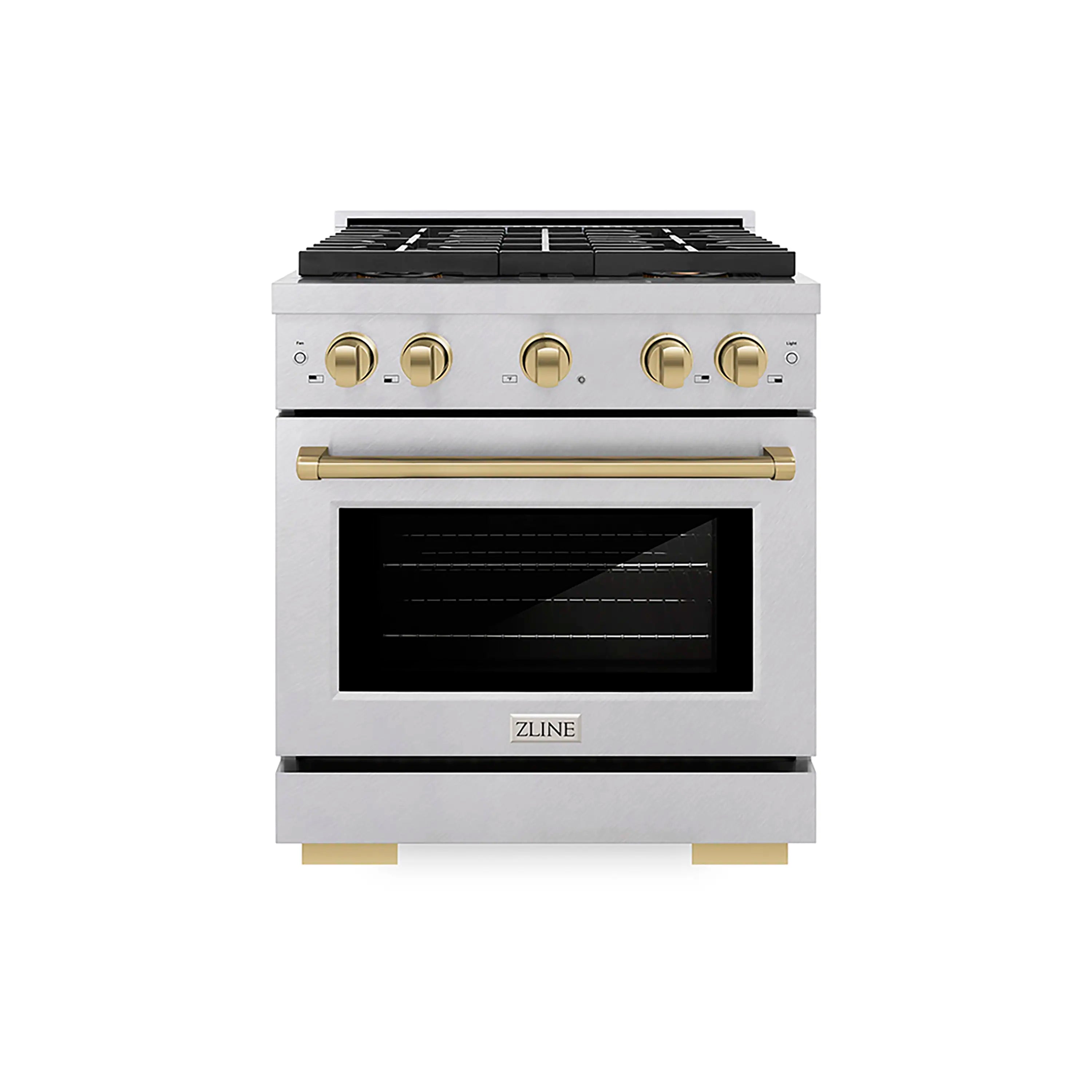 Satin stainless steel 30-inch gas range with champagne bronze control knobs and door