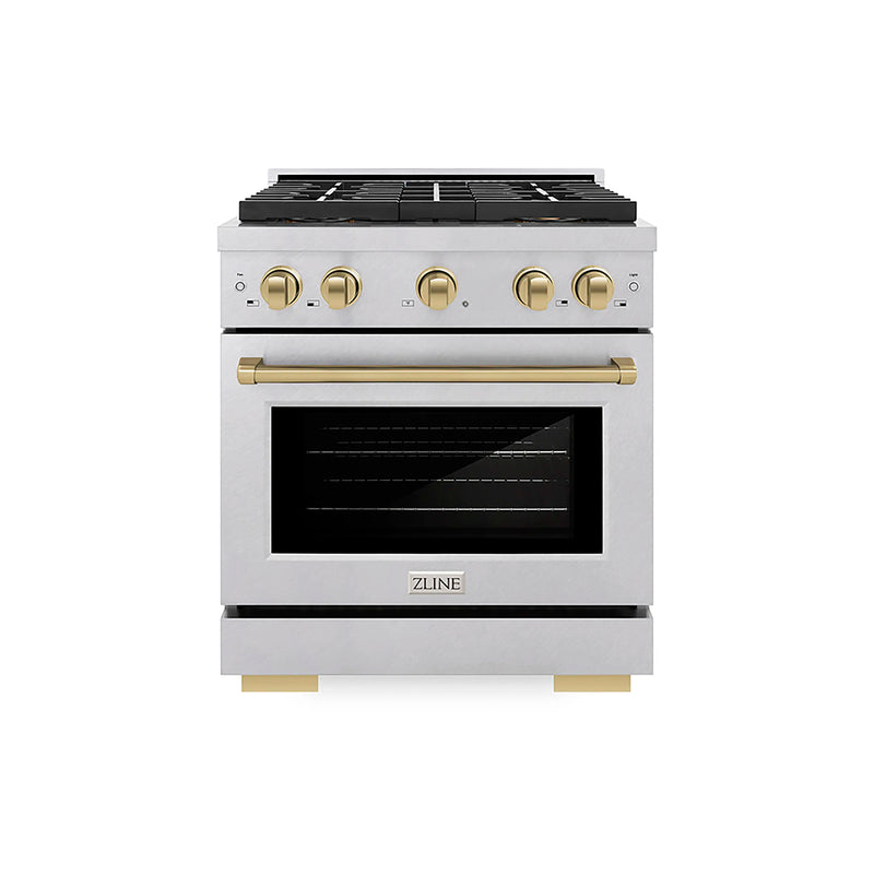 ZLINE Autograph Edition 30-Inch 4.2 cu. ft. Paramount Gas Range with 4 Burner DuoPro™ Cooktop and Convection Gas Oven in Satin Stainless Steel and Champagne Bronze Accents (PSGRSZ-30-CB)