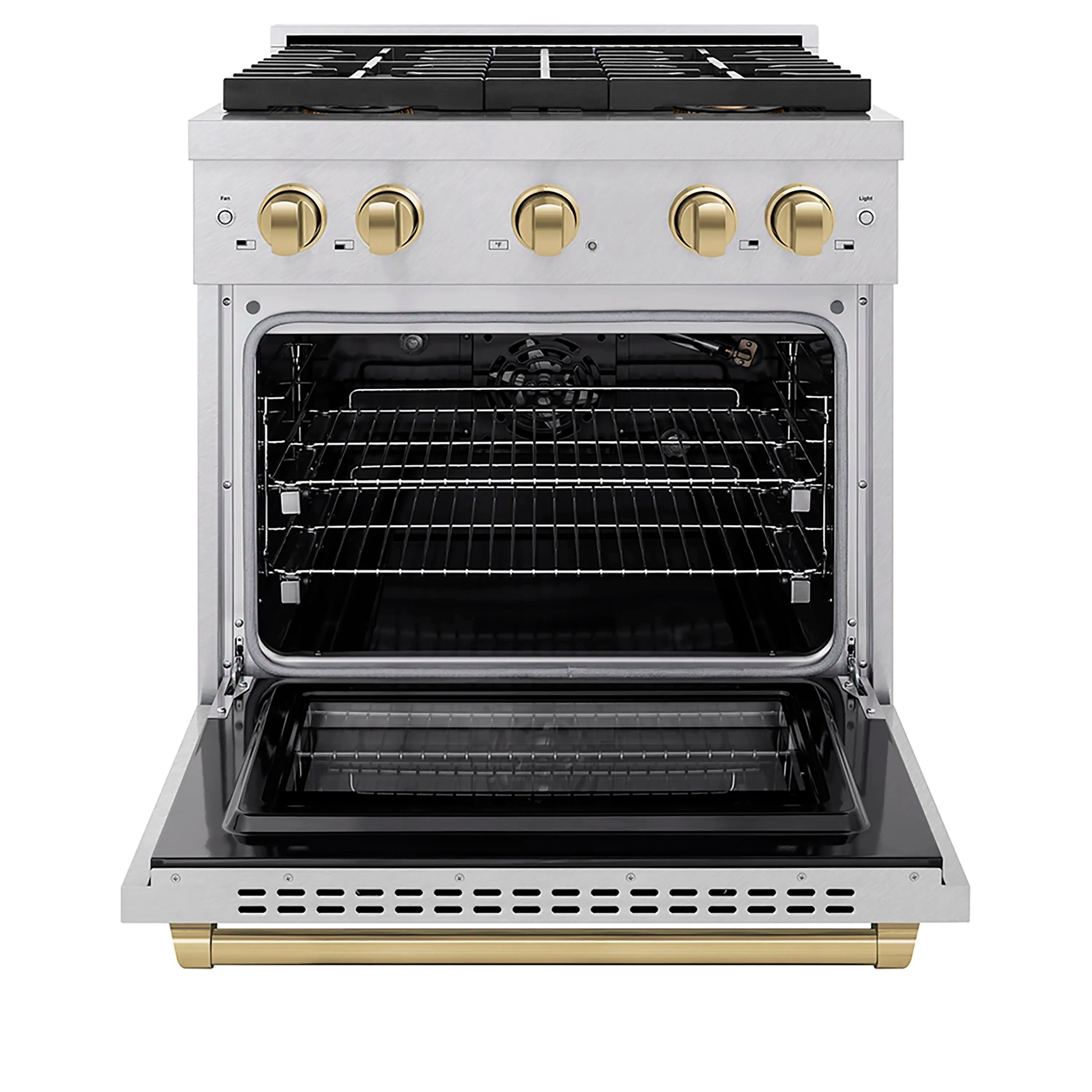 30-inch gas range with open convection oven door and interior racks, satin stainless