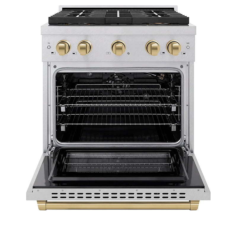 ZLINE Autograph Edition 30-Inch 4.2 cu. ft. Paramount Gas Range with 4 Burner DuoPro™ Cooktop and Convection Gas Oven in Satin Stainless Steel and Champagne Bronze Accents (PSGRSZ-30-CB)