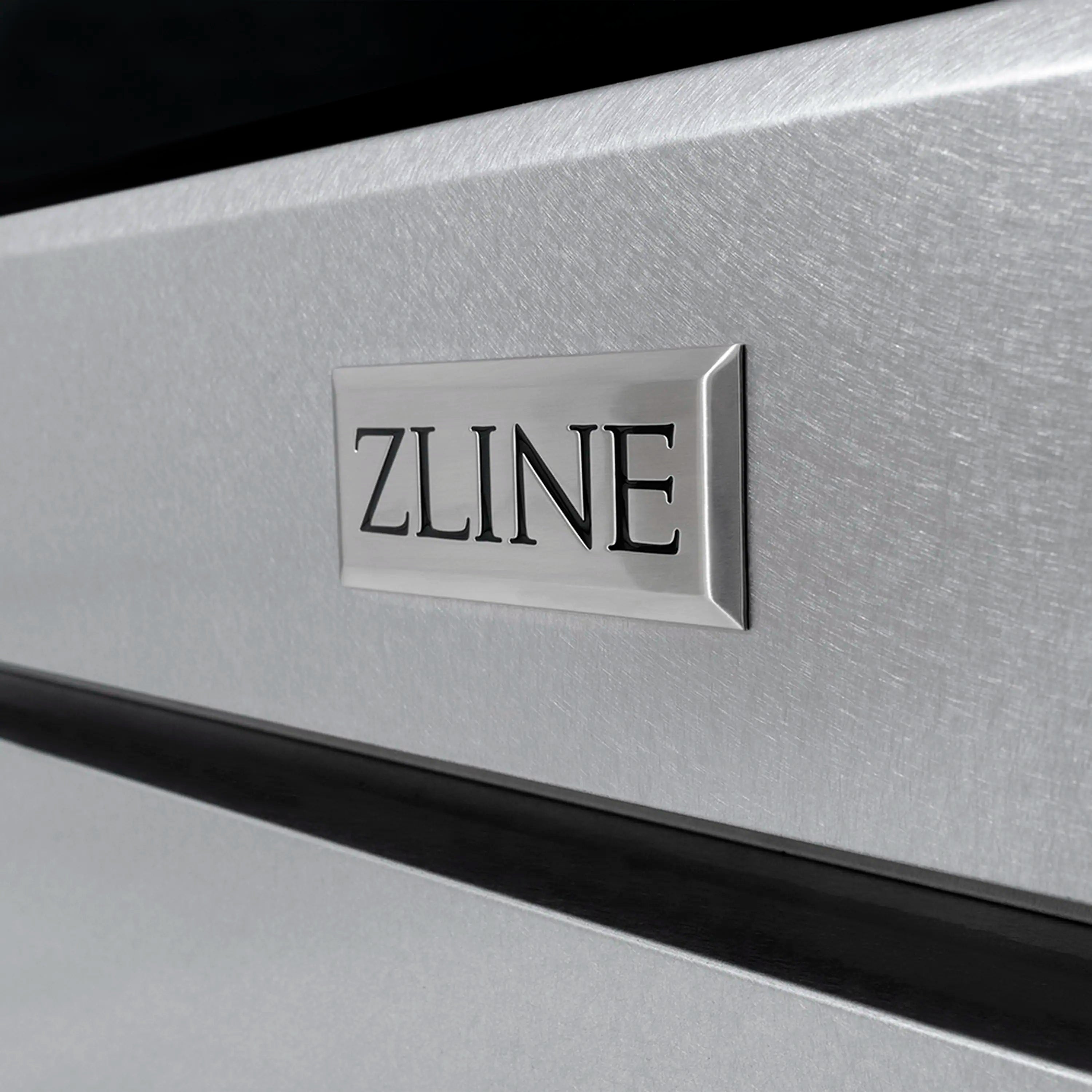 Gas range with ZLINE logo on satin stainless front