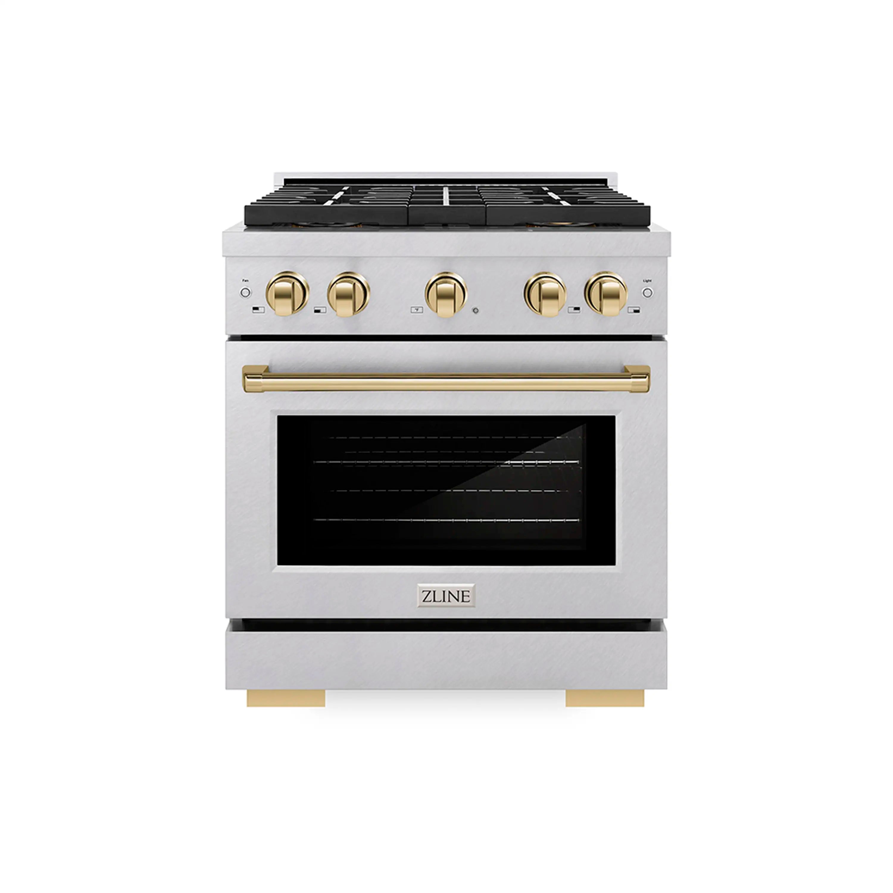 30-inch gas range with satin stainless steel finish and polished gold control knobs