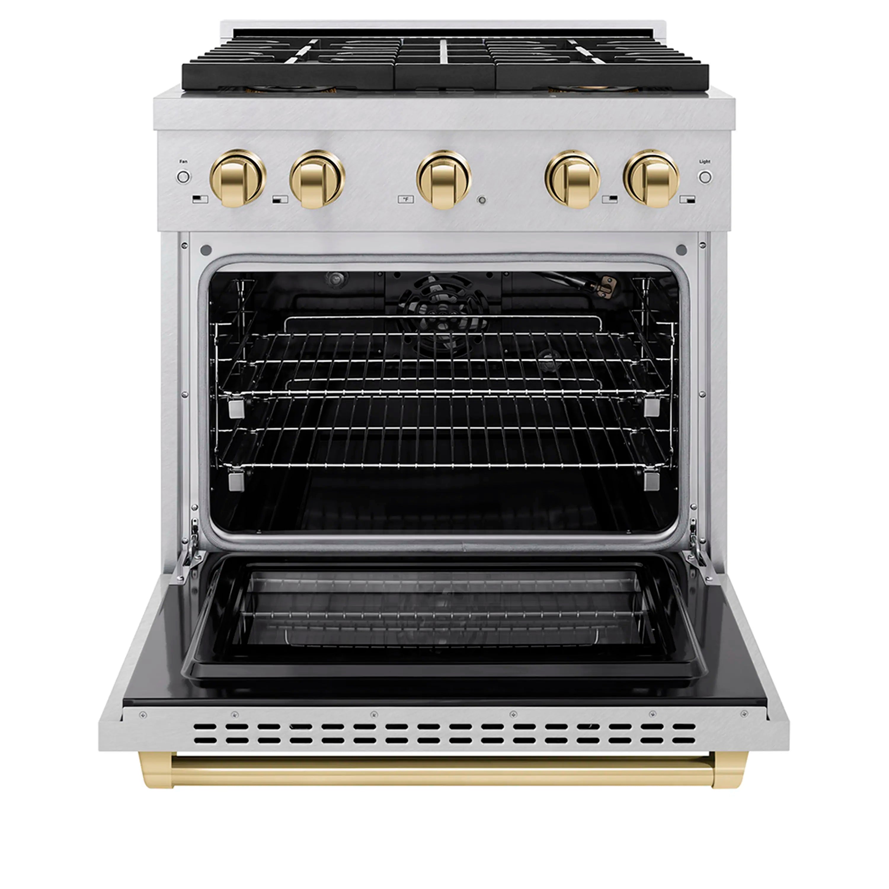 Gas range with oven door open, wire racks inside, and polished gold trim accents