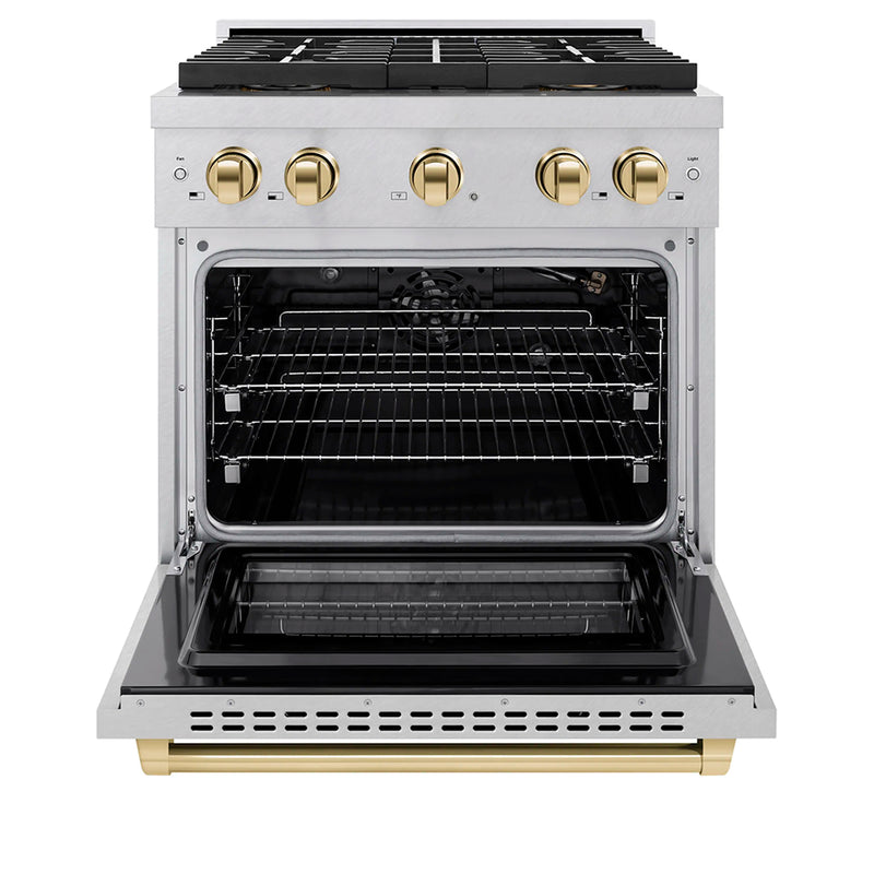ZLINE Autograph Edition 30-Inch 4.2 cu. ft. Paramount Gas Range with 4 Burner DuoPro™ Cooktop and Convection Gas Oven in Satin Stainless Steel and Polished Gold Accents (PSGRSZ-30-G)