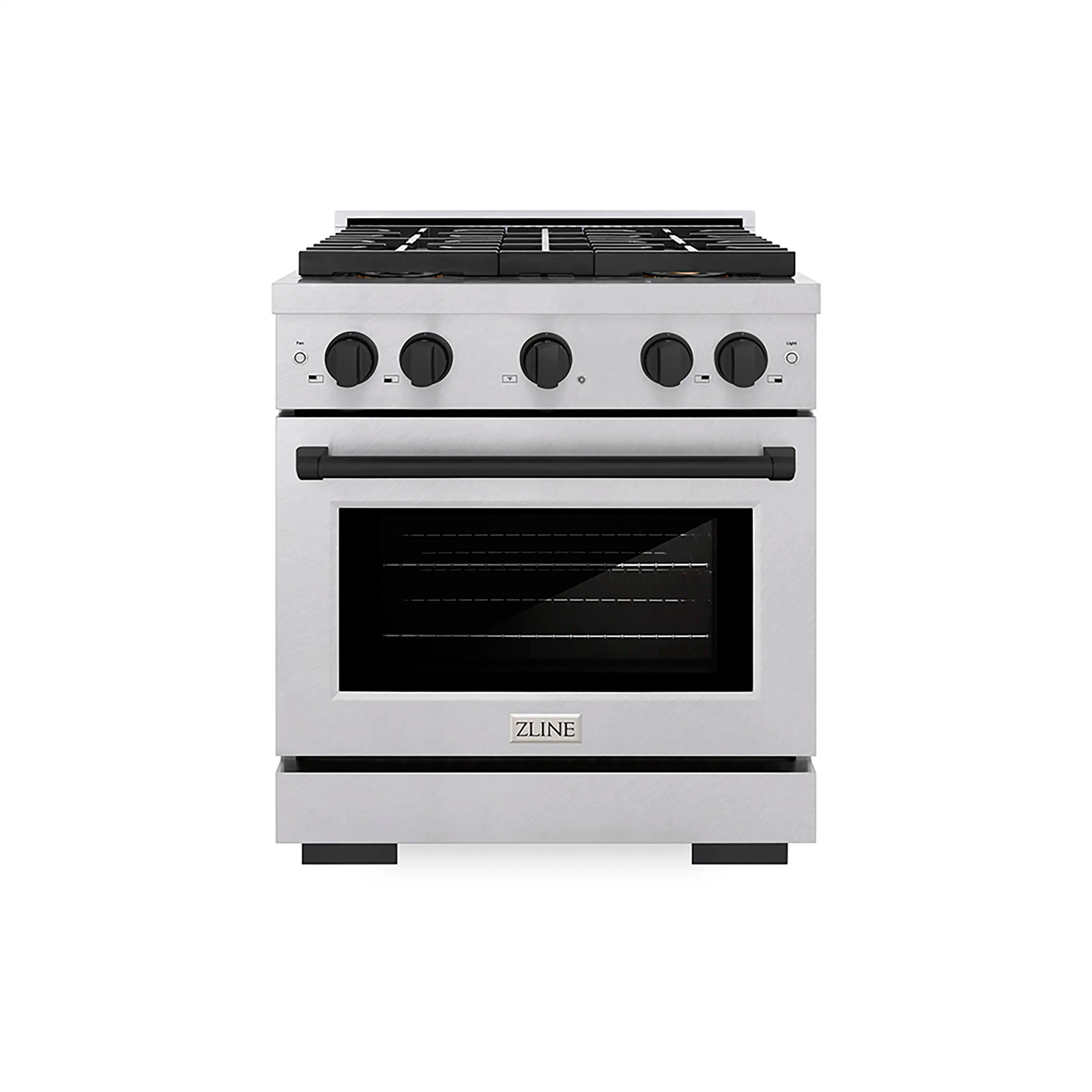 Freestanding gas range with black cooktop grates and stainless oven door