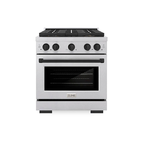 ZLINE Autograph Edition 30-Inch 4.2 cu. ft. Paramount Gas Range with 4 Burner DuoPro™ Cooktop and Convection Gas Oven in Satin Stainless Steel and Matte Black Accents (PSGRSZ-30-MB)