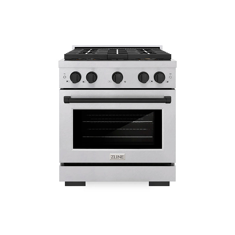 ZLINE Autograph Edition 30-Inch 4.2 cu. ft. Paramount Gas Range with 4 Burner DuoPro™ Cooktop and Convection Gas Oven in Satin Stainless Steel and Matte Black Accents (PSGRSZ-30-MB)