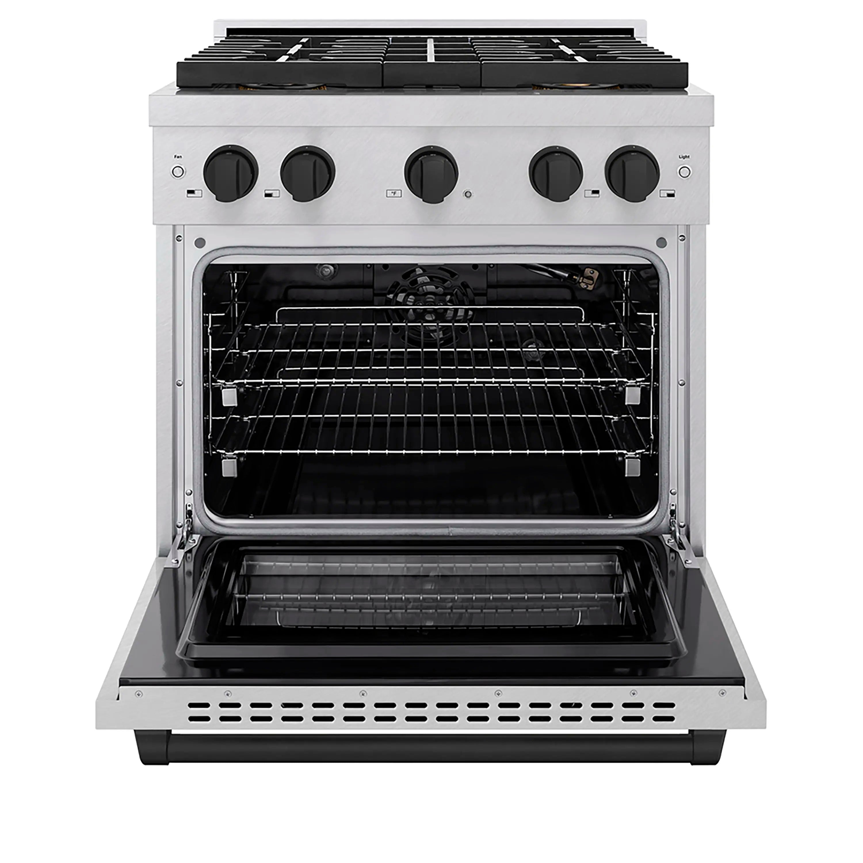 Open gas oven cavity with wire rack, lower grill, and side rails