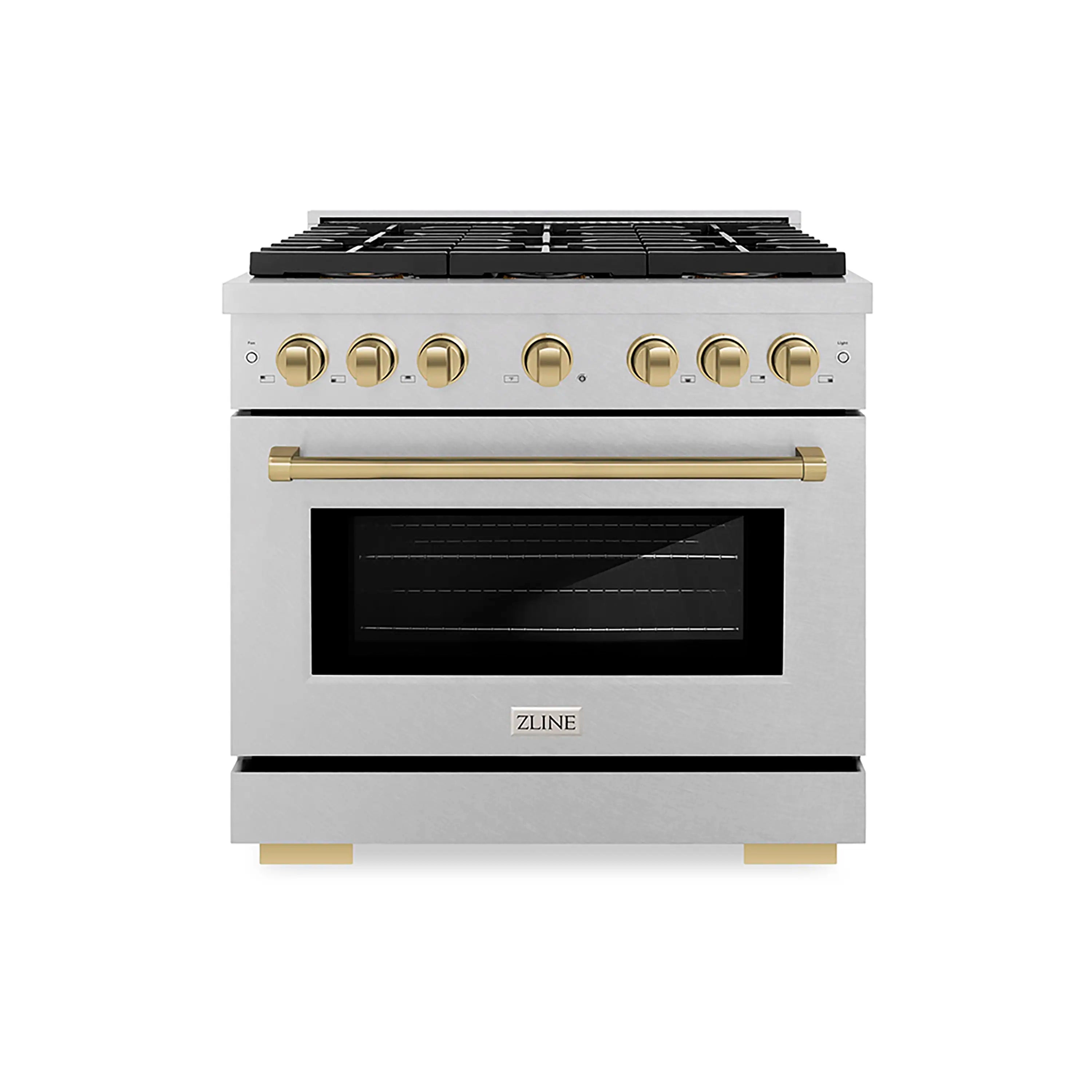 Satin stainless gas range with gold knobs and dark oven window