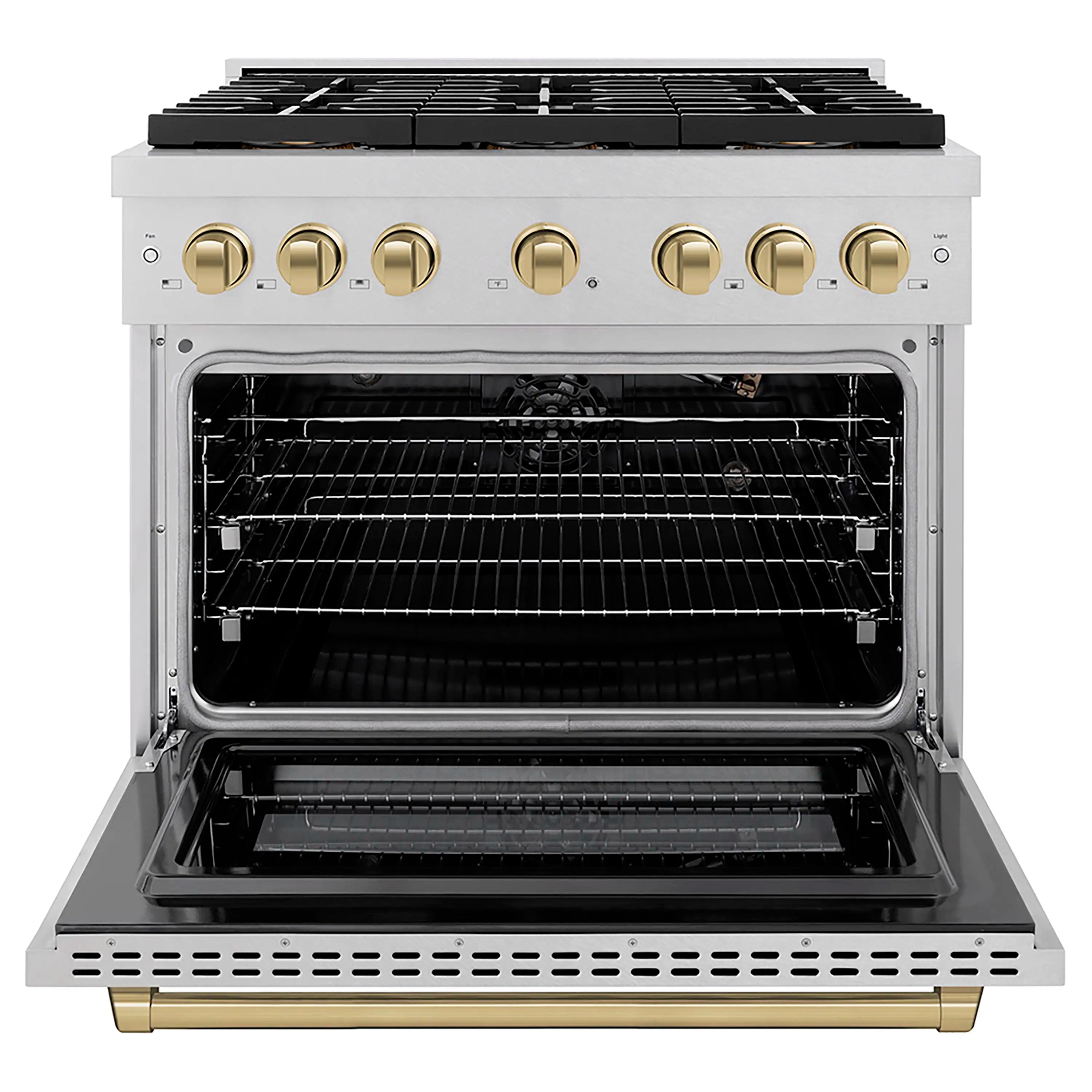 Gas oven door open on satin stainless range with black interior racks