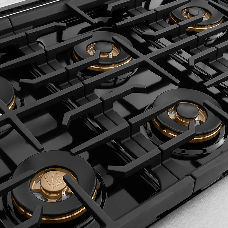 ZLINE Autograph Edition 48-Inch 6.7 cu. ft. Paramount Gas Range with 8 Burner DuoPro™ Cooktop and Dual Ovens in Satin Stainless Steel and Champagne Bronze Accents (PSGRSZ-48-CB)