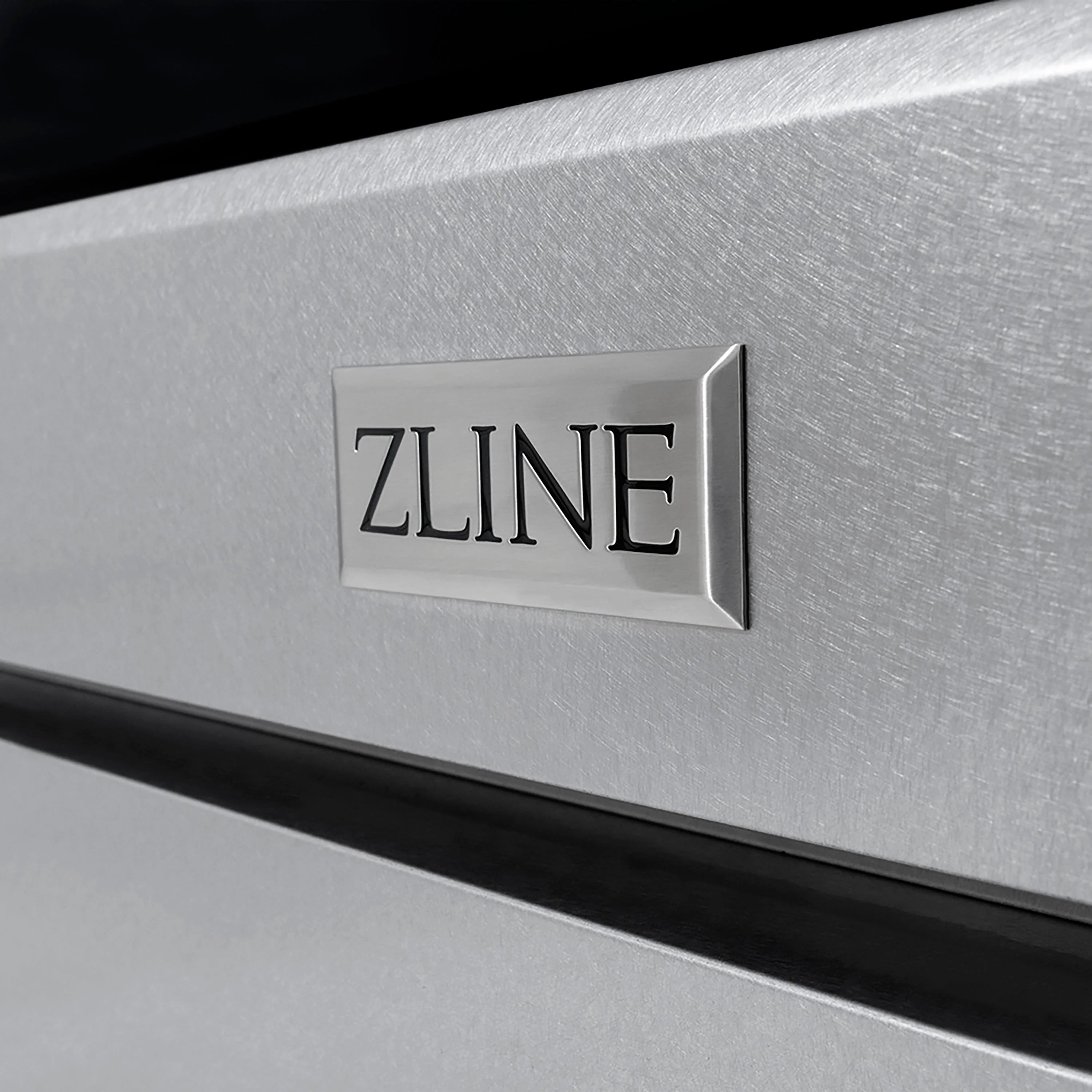 Satin stainless steel range panel with ZLINE logo plaque