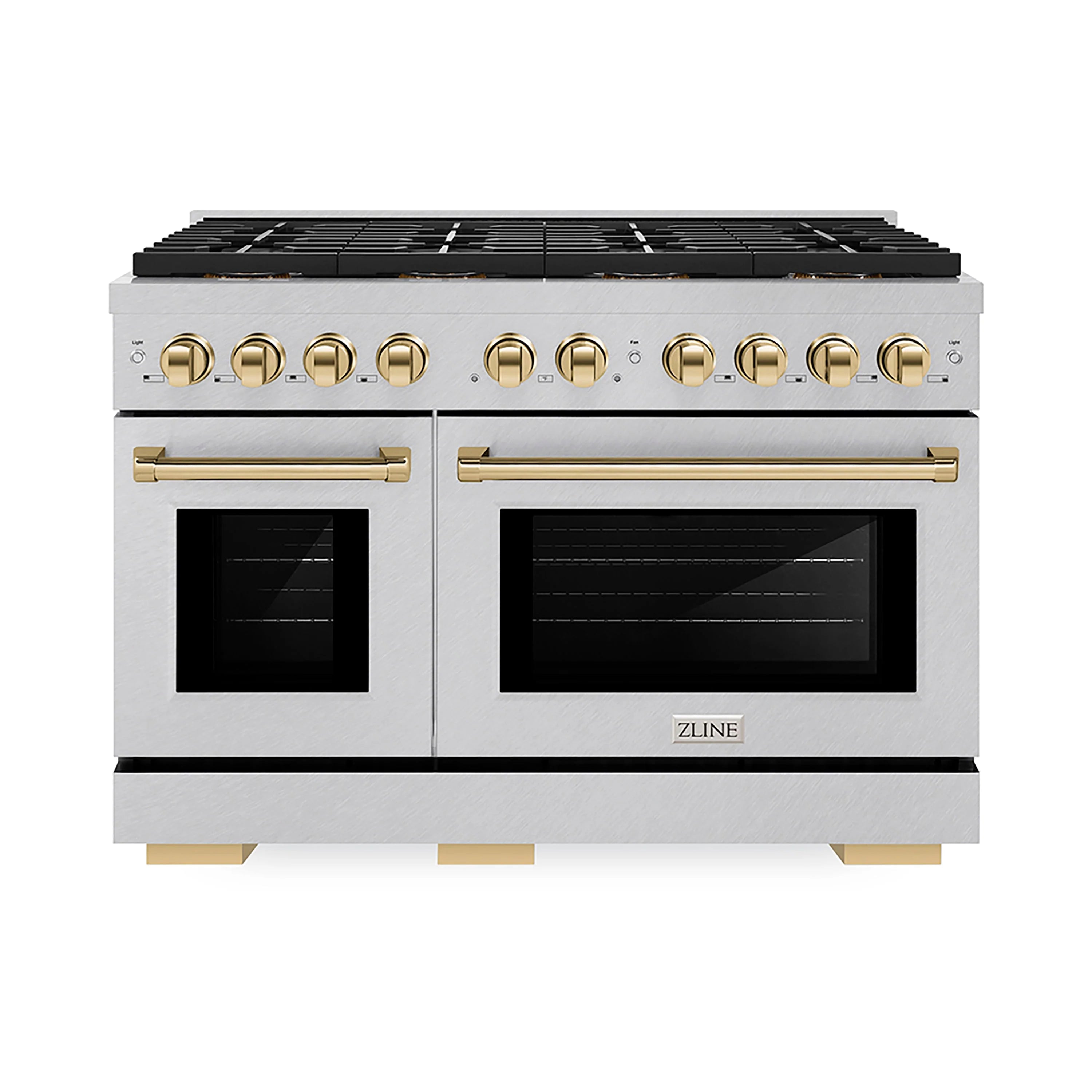 Satin stainless gas range with dual glass oven doors and gold trim