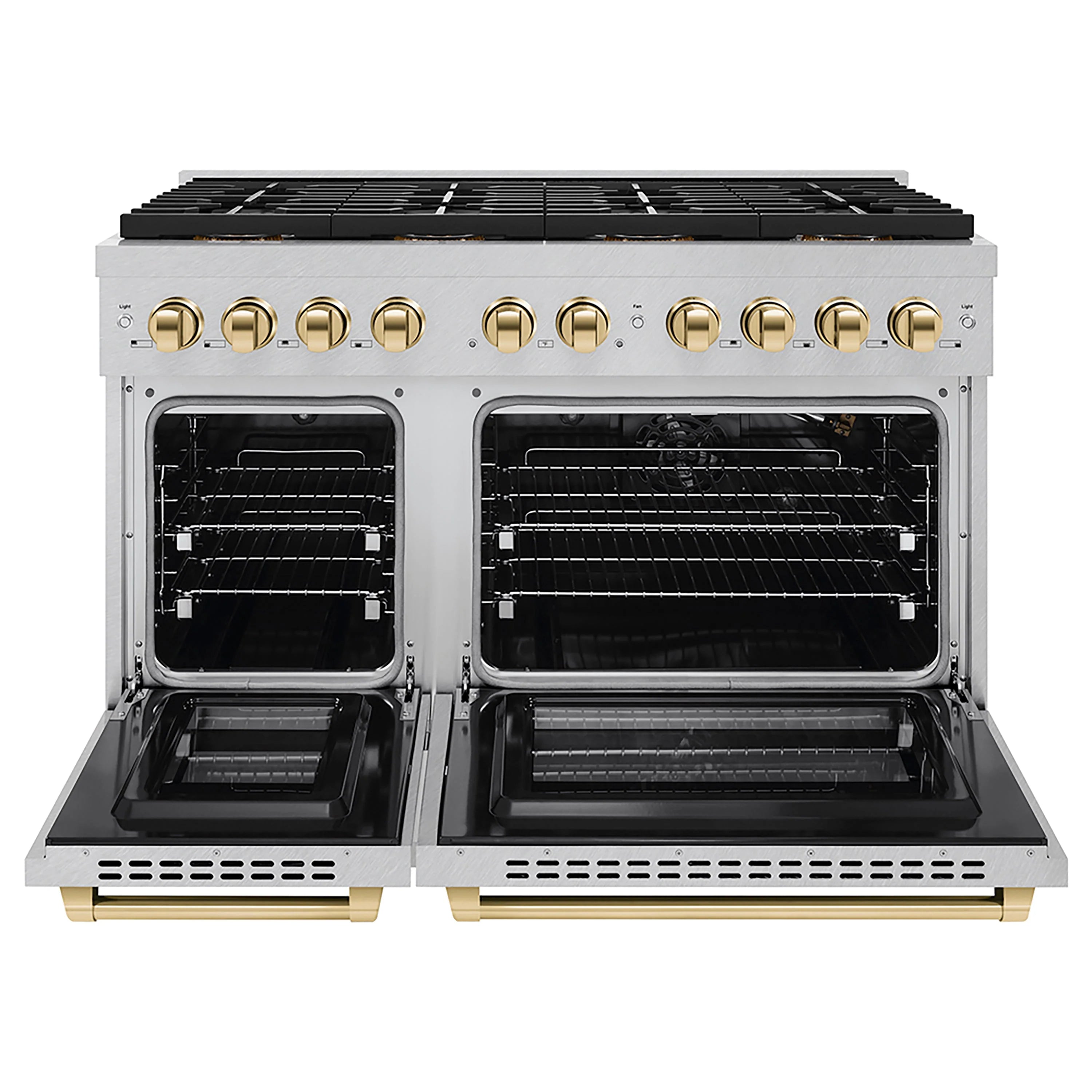 Dual-oven gas range with open doors, black grates, and gold control knobs