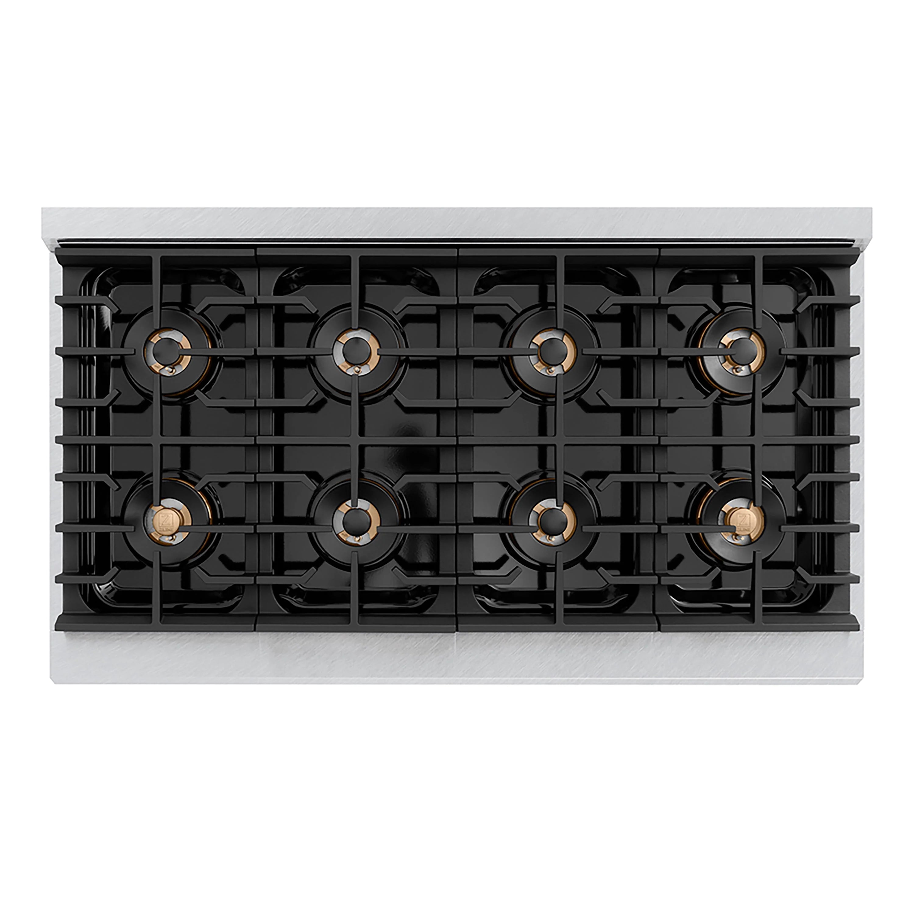 Gas range cooktop with black grates and gold-trimmed burner caps