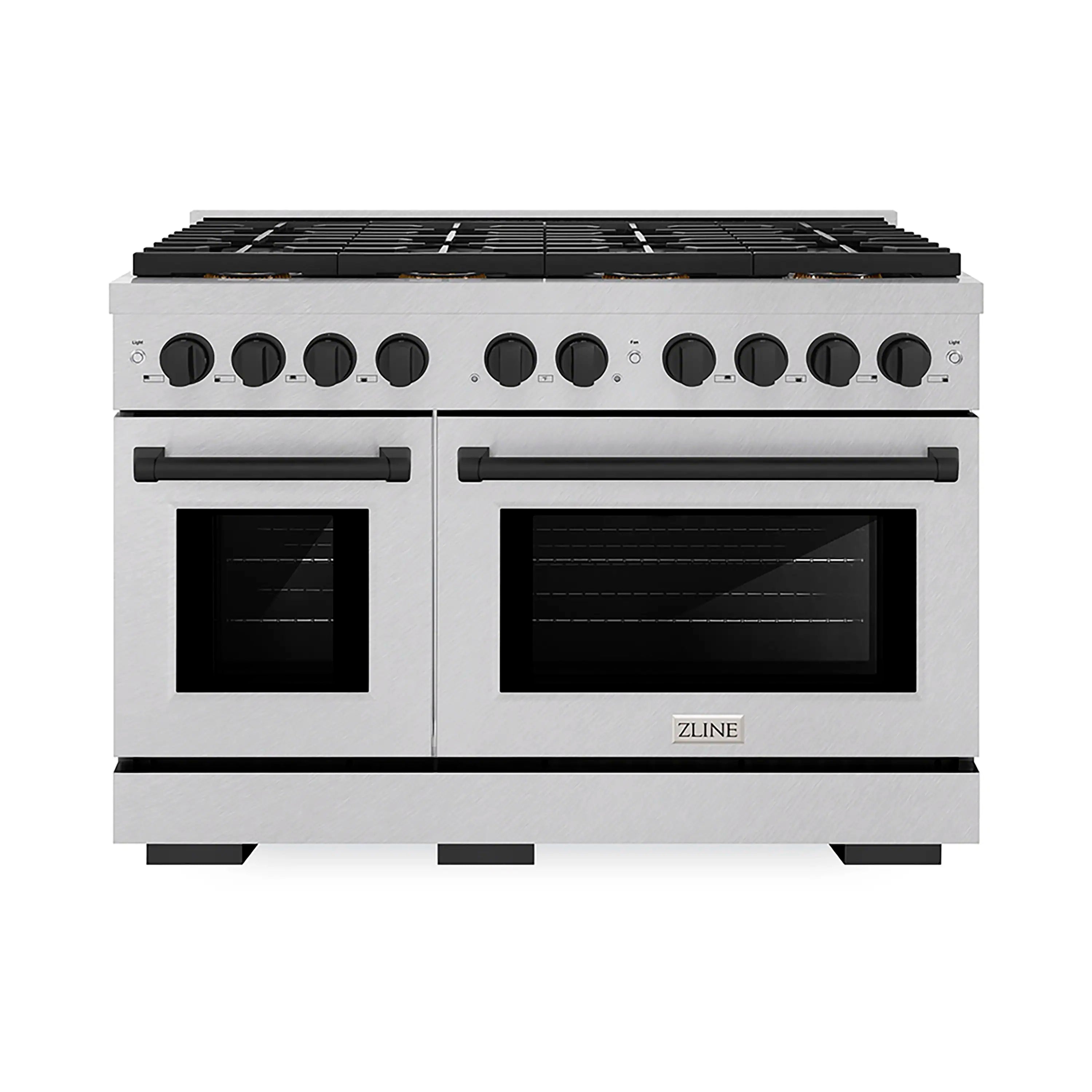 Gas range with stainless steel body, matte black accents, double ovens, and 8-burner cooktop