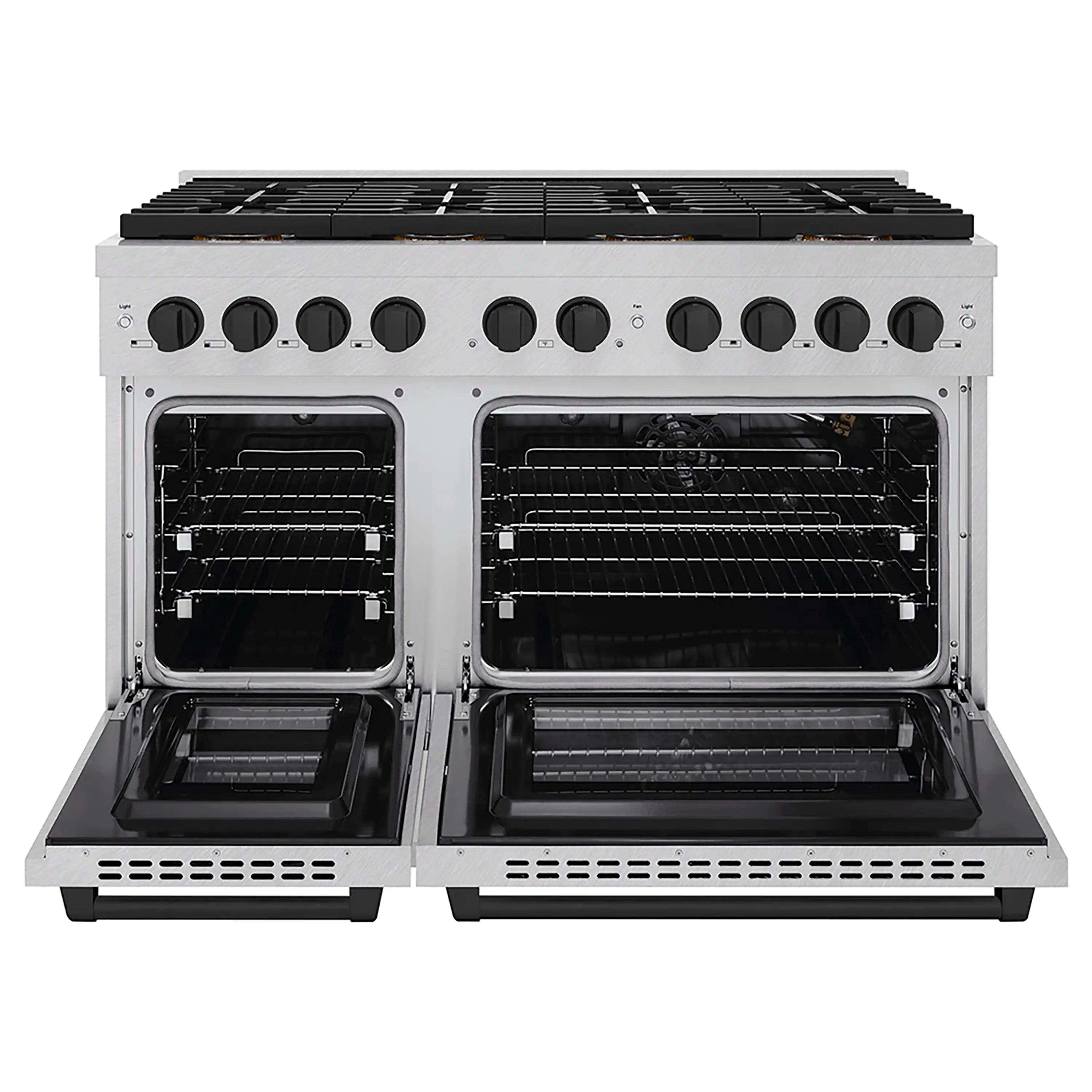 Stainless gas range with both oven doors open, showing racks and burner grates