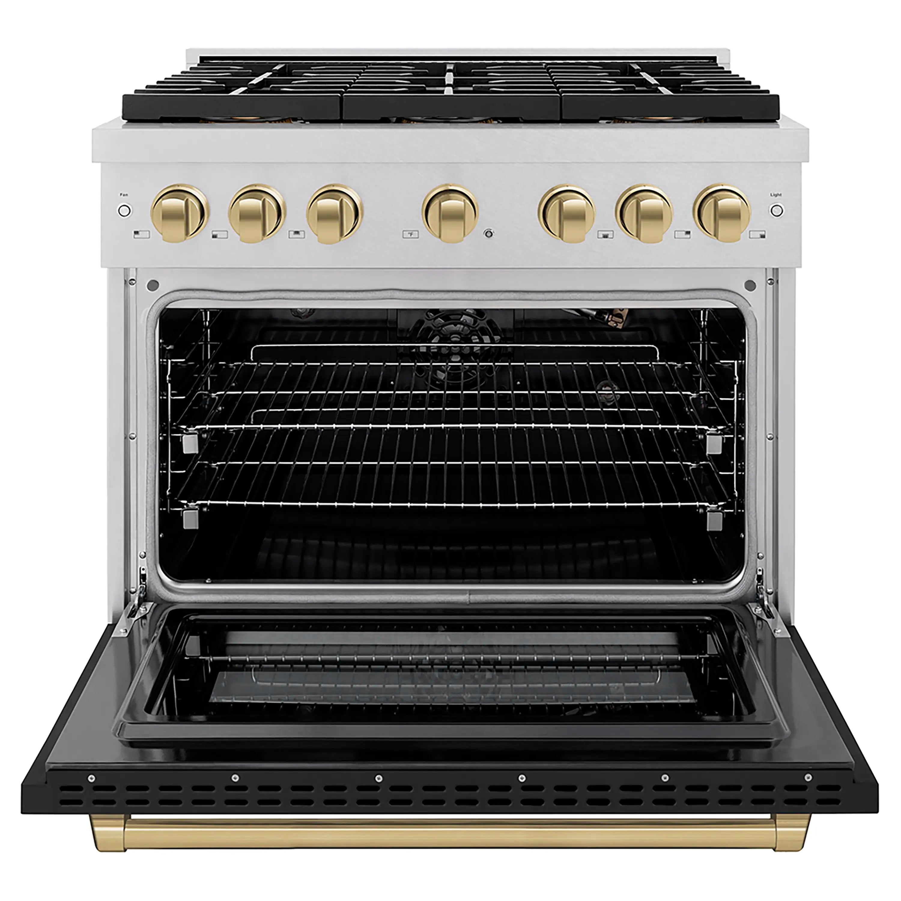 ZLINE gas oven with open door, wire rack shelves, and black interior cavity